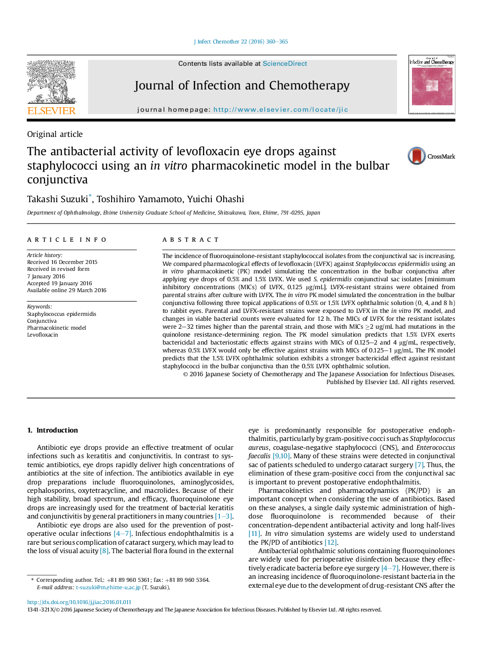 The antibacterial activity of levofloxacin eye drops against staphylococci using an in vitro pharmacokinetic model in the bulbar conjunctiva