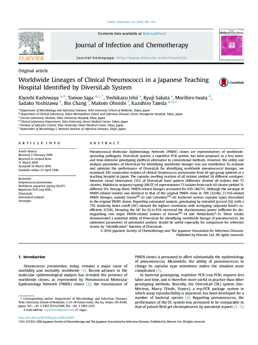 Worldwide Lineages of Clinical Pneumococci in a Japanese Teaching Hospital Identified by DiversiLab System