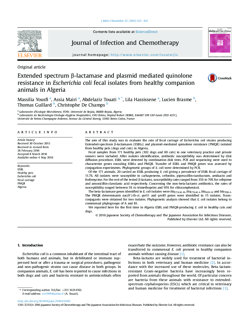 Extended spectrum β-lactamase and plasmid mediated quinolone resistance in Escherichia coli fecal isolates from healthy companion animals in Algeria