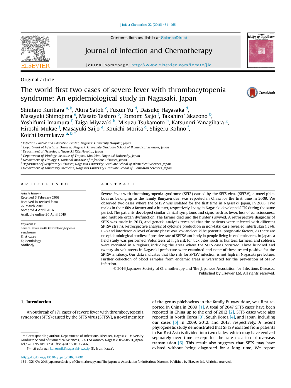 The world first two cases of severe fever with thrombocytopenia syndrome: An epidemiological study in Nagasaki, Japan