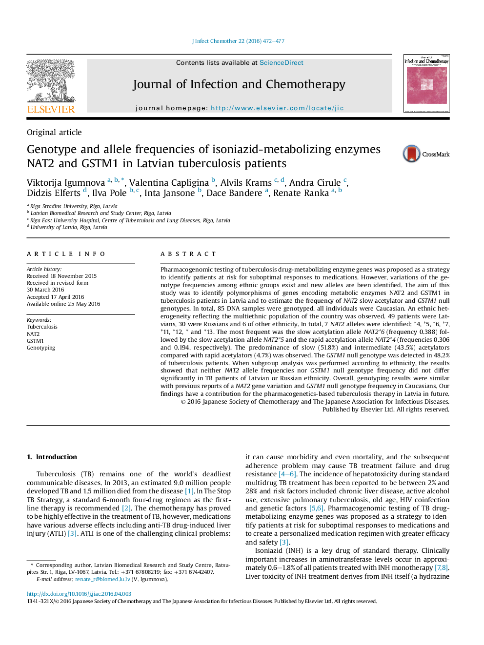 Genotype and allele frequencies of isoniazid-metabolizing enzymes NAT2 and GSTM1 in Latvian tuberculosis patients