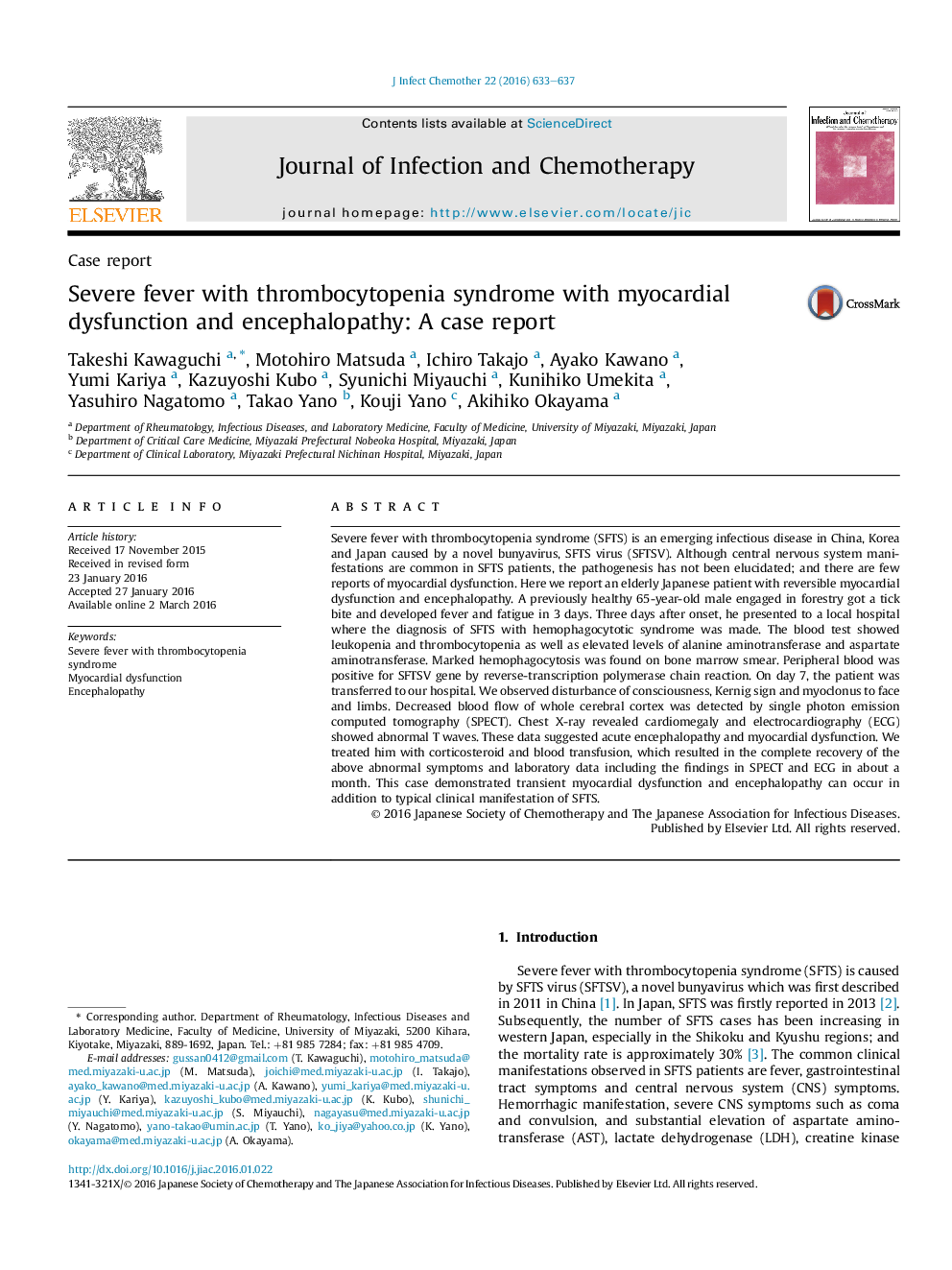 Severe fever with thrombocytopenia syndrome with myocardial dysfunction and encephalopathy: A case report