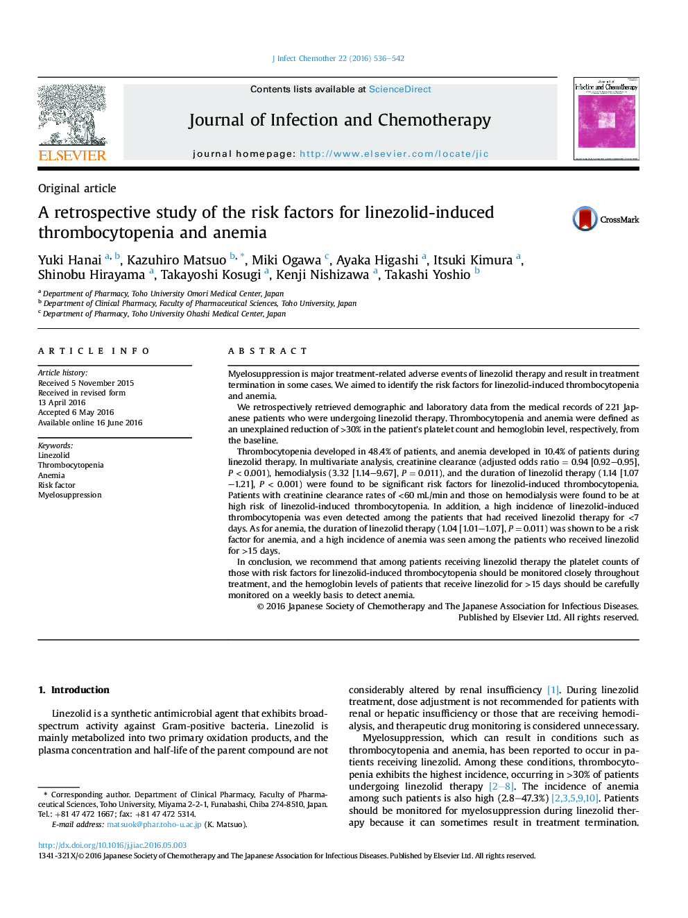 A retrospective study of the risk factors for linezolid-induced thrombocytopenia and anemia