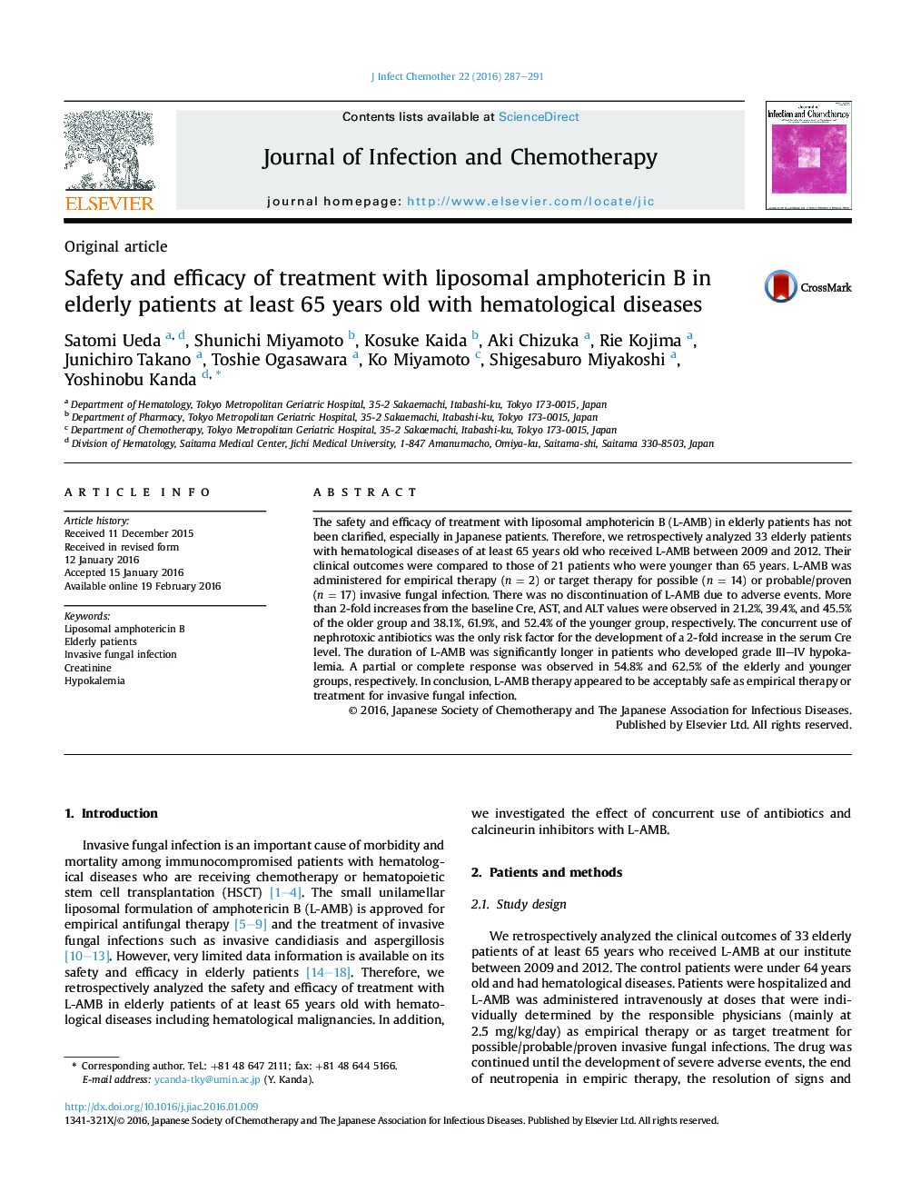 Safety and efficacy of treatment with liposomal amphotericin B in elderly patients at least 65 years old with hematological diseases