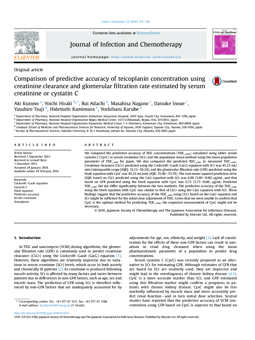 Comparison of predictive accuracy of teicoplanin concentration using creatinine clearance and glomerular filtration rate estimated by serum creatinine or cystatin C