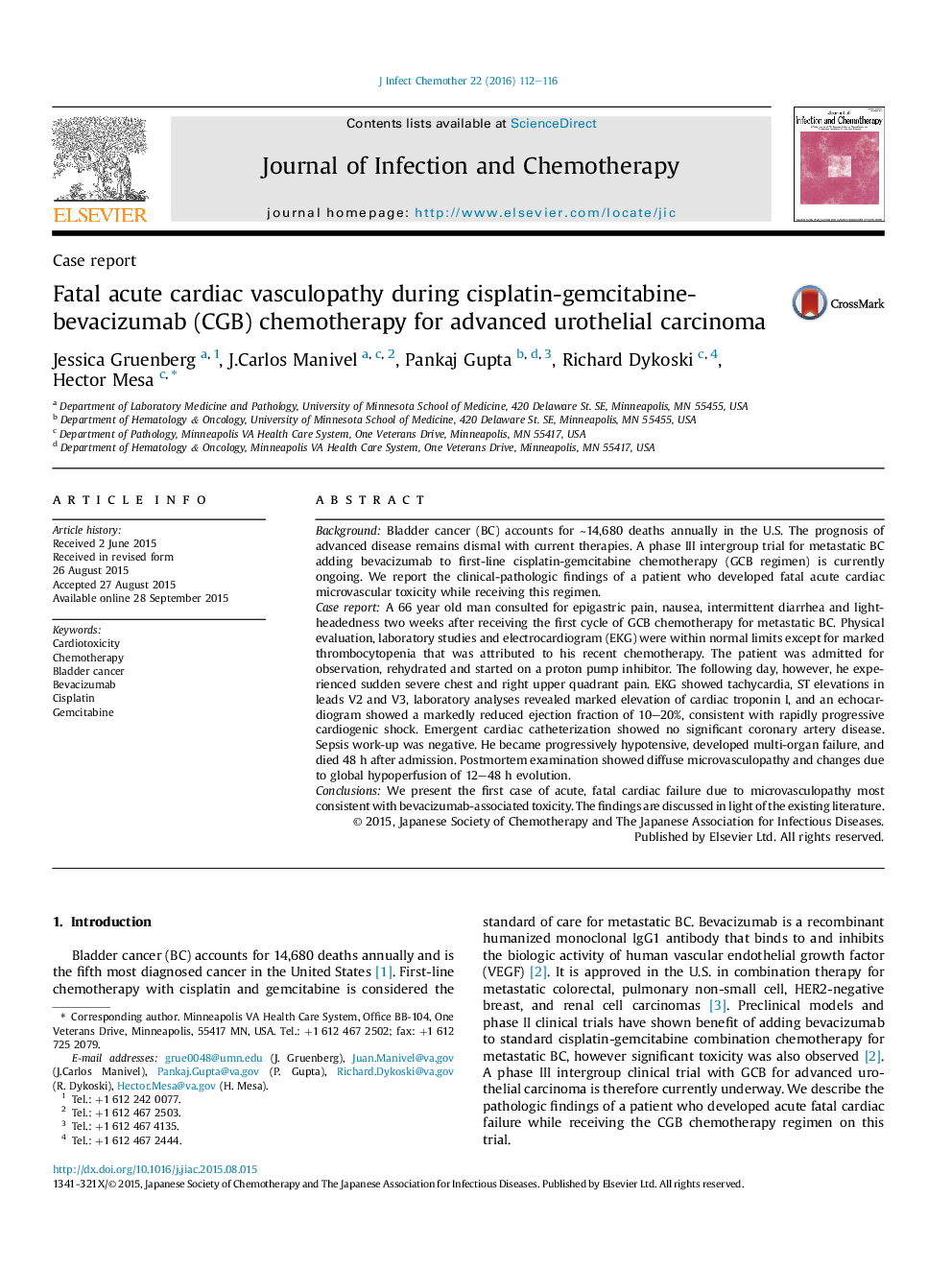 Fatal acute cardiac vasculopathy during cisplatin-gemcitabine-bevacizumab (CGB) chemotherapy for advanced urothelial carcinoma