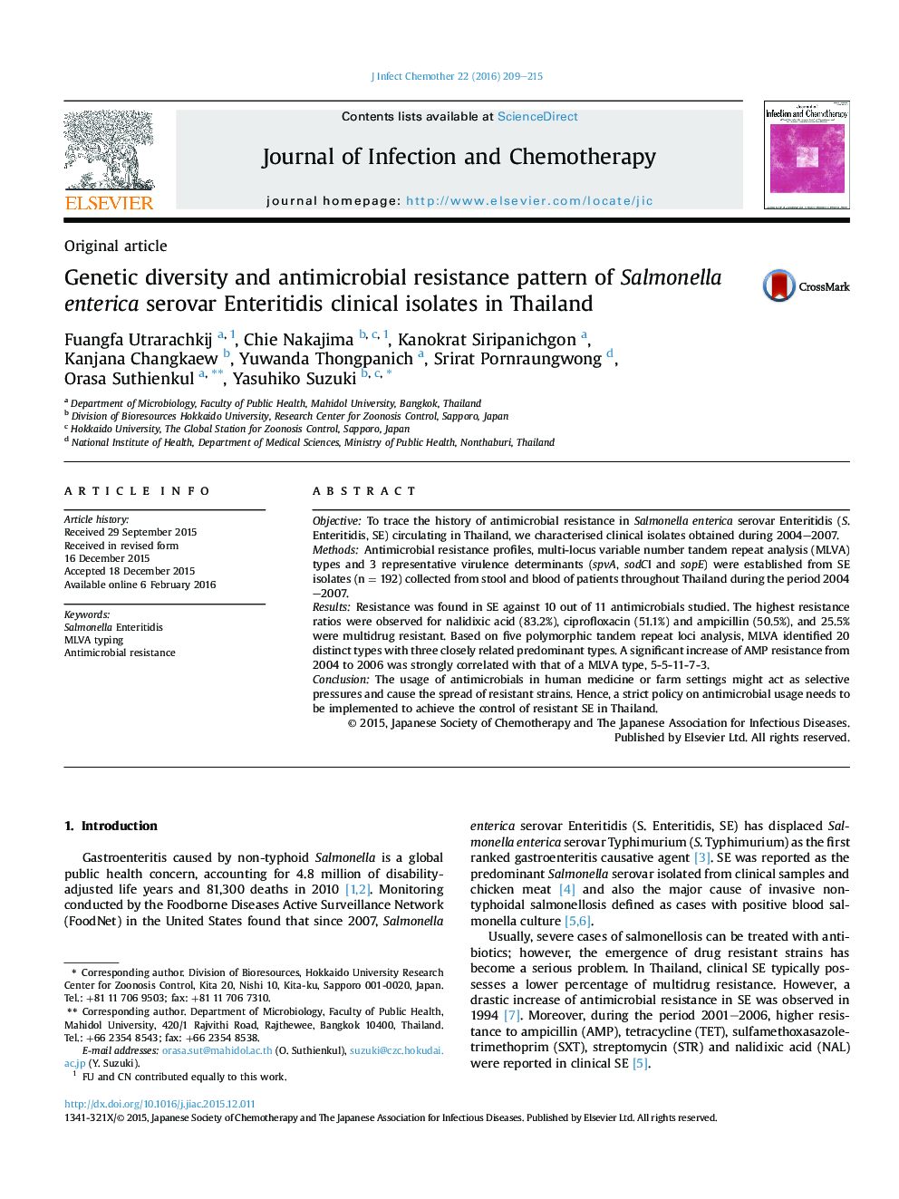 Genetic diversity and antimicrobial resistance pattern of Salmonella enterica serovar Enteritidis clinical isolates in Thailand