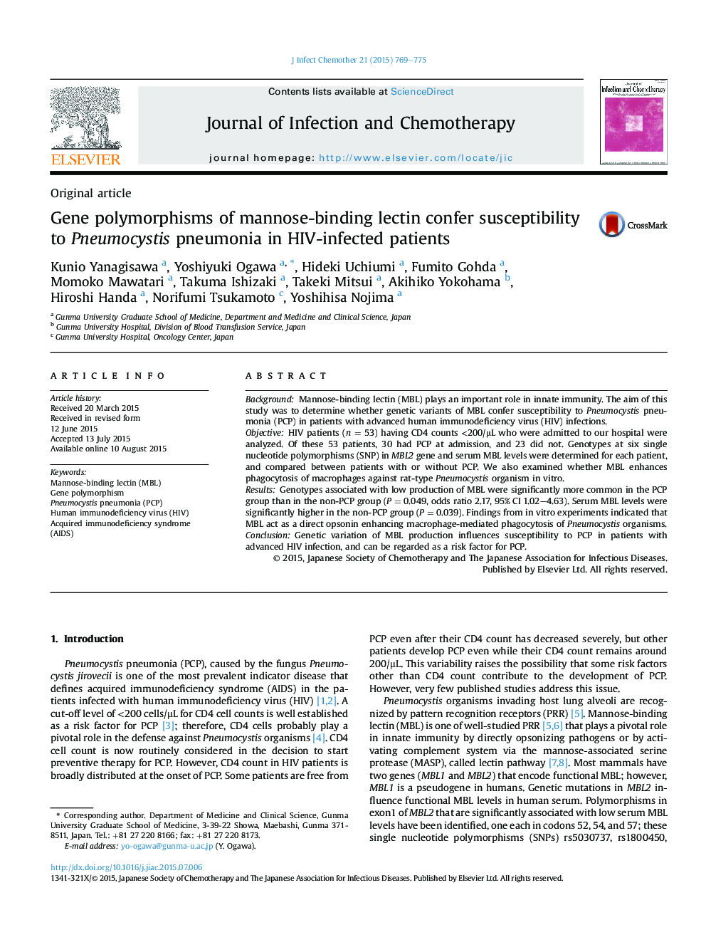 Gene polymorphisms of mannose-binding lectin confer susceptibility to Pneumocystis pneumonia in HIV-infected patients