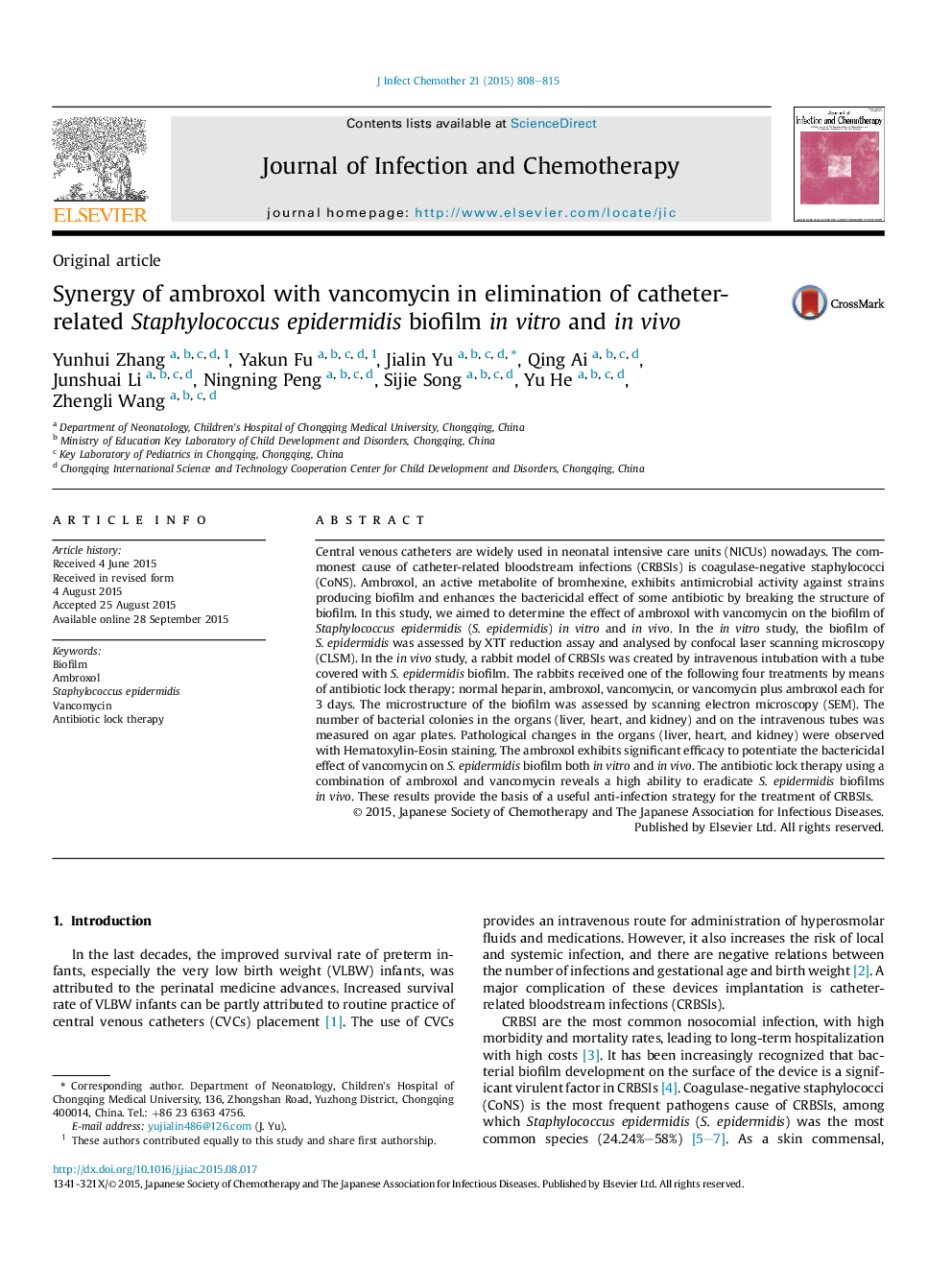 Synergy of ambroxol with vancomycin in elimination of catheter-related Staphylococcus epidermidis biofilm in vitro and in vivo