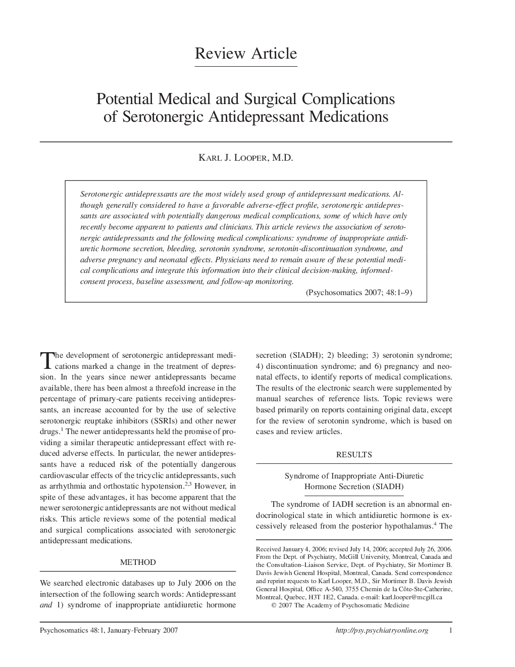 Potential Medical and Surgical Complications of Serotonergic Antidepressant Medications