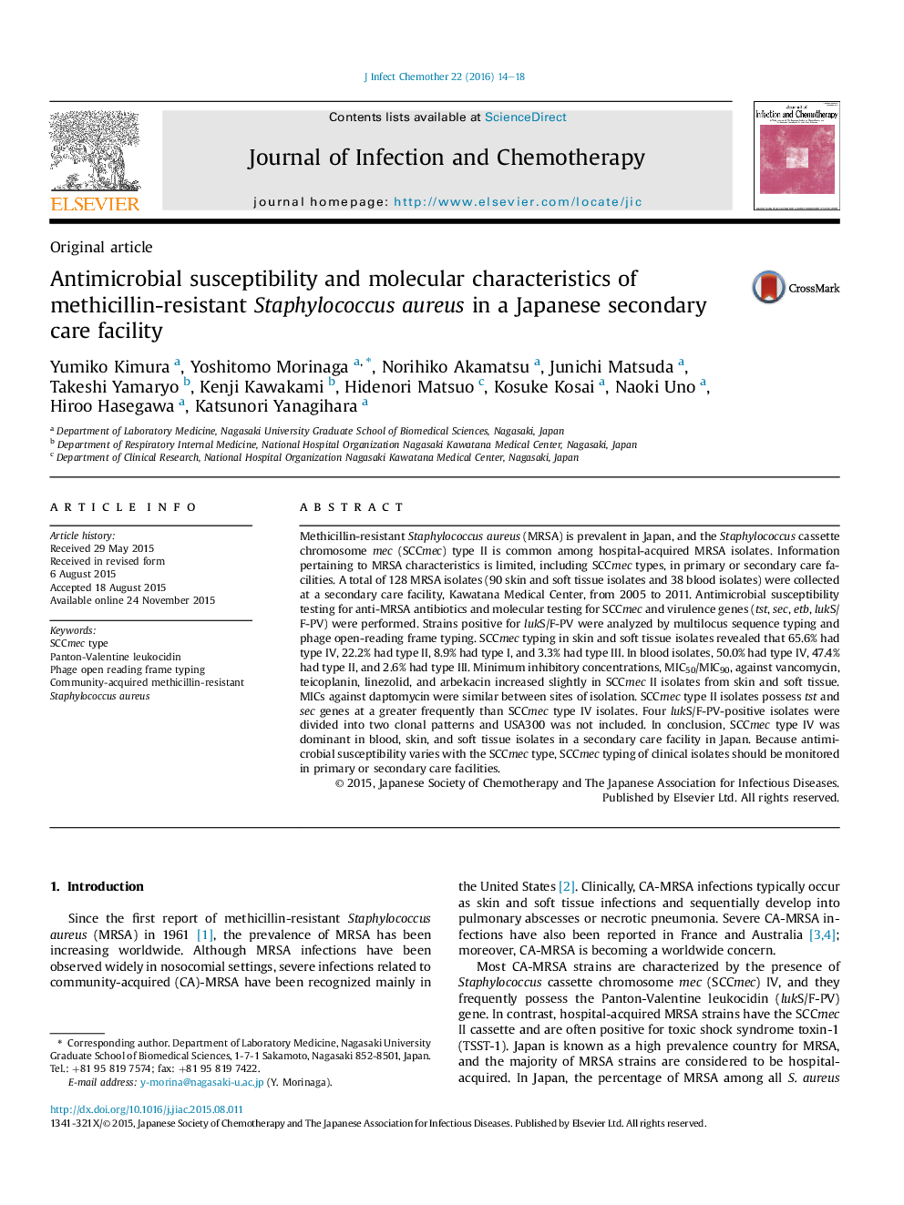 Antimicrobial susceptibility and molecular characteristics of methicillin-resistant Staphylococcus aureus in a Japanese secondary care facility