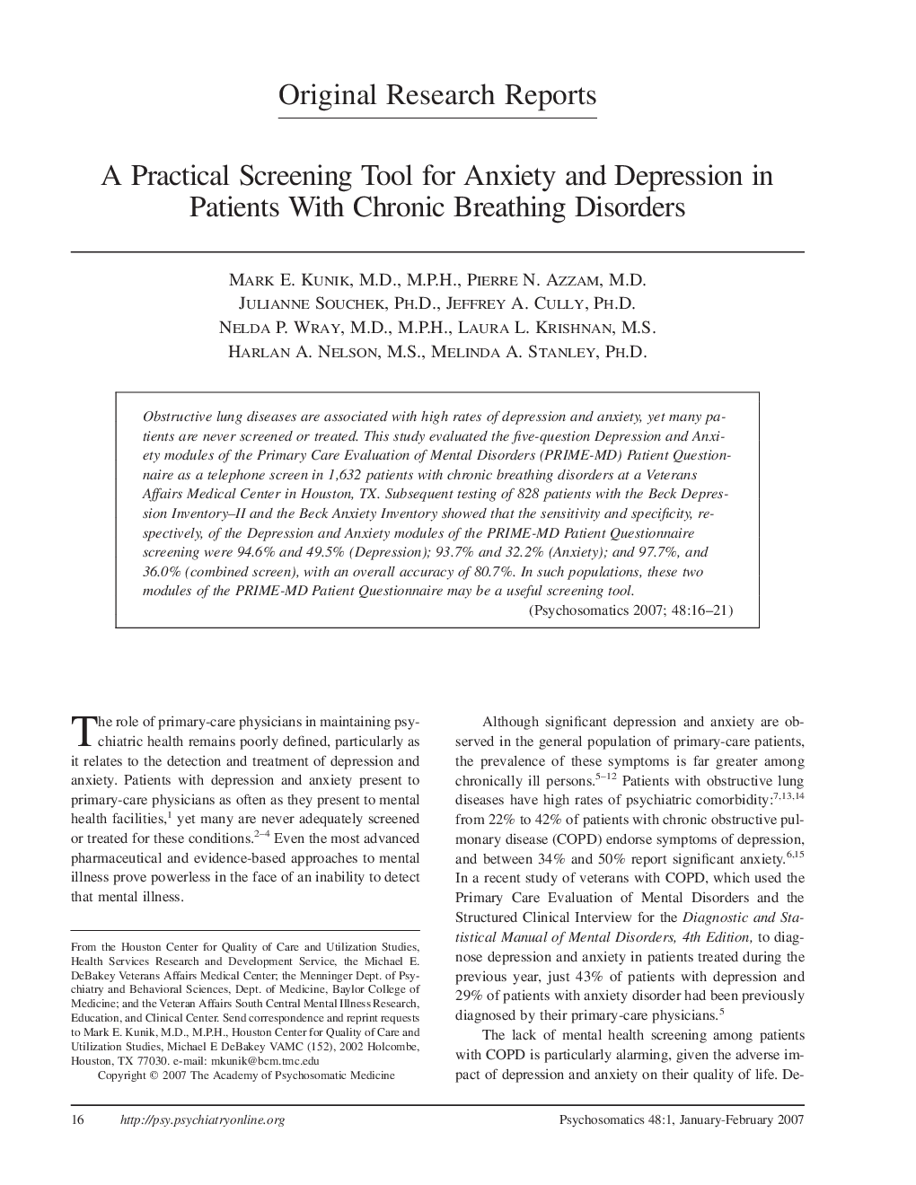 A Practical Screening Tool for Anxiety and Depression in Patients With Chronic Breathing Disorders