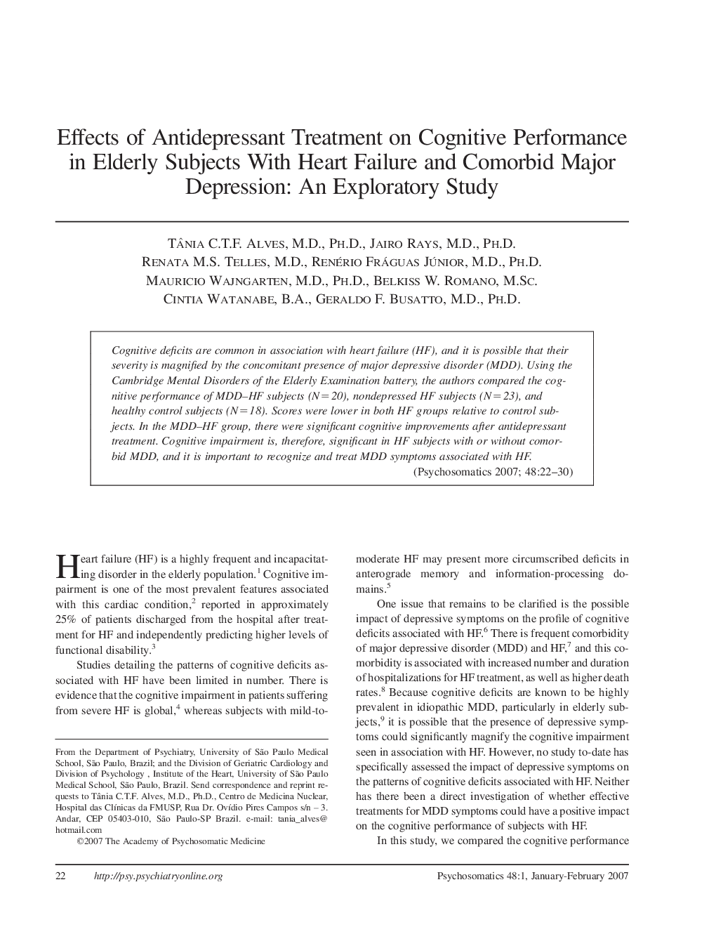 Effects of Antidepressant Treatment on Cognitive Performance in Elderly Subjects With Heart Failure and Comorbid Major Depression: An Exploratory Study