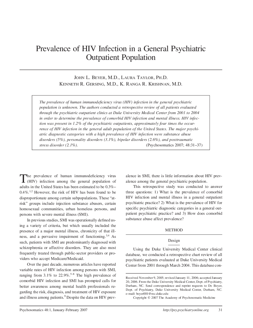 Prevalence of HIV Infection in a General Psychiatric Outpatient Population