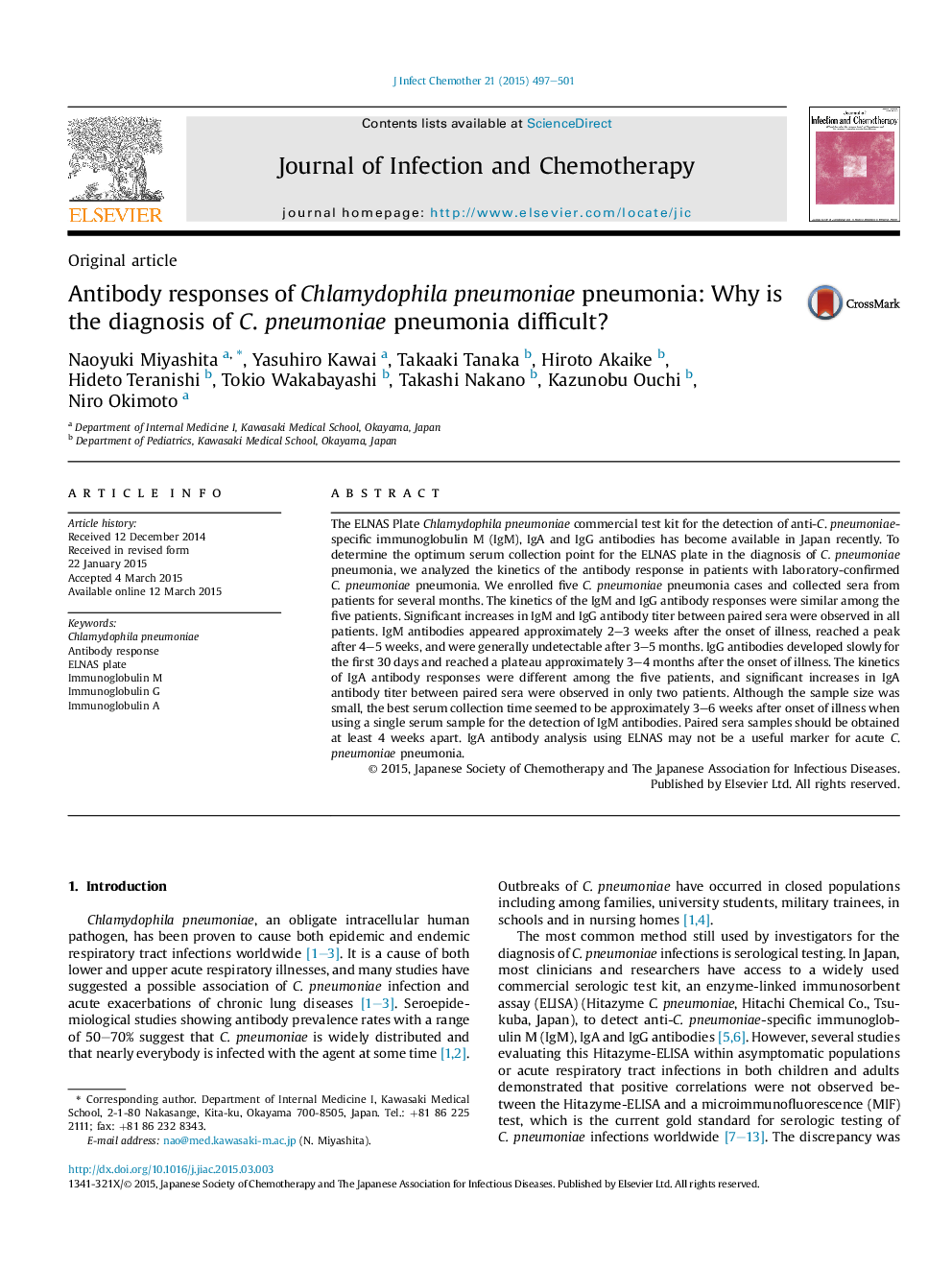 Antibody responses of Chlamydophila pneumoniae pneumonia: Why is the diagnosis of C. pneumoniae pneumonia difficult?