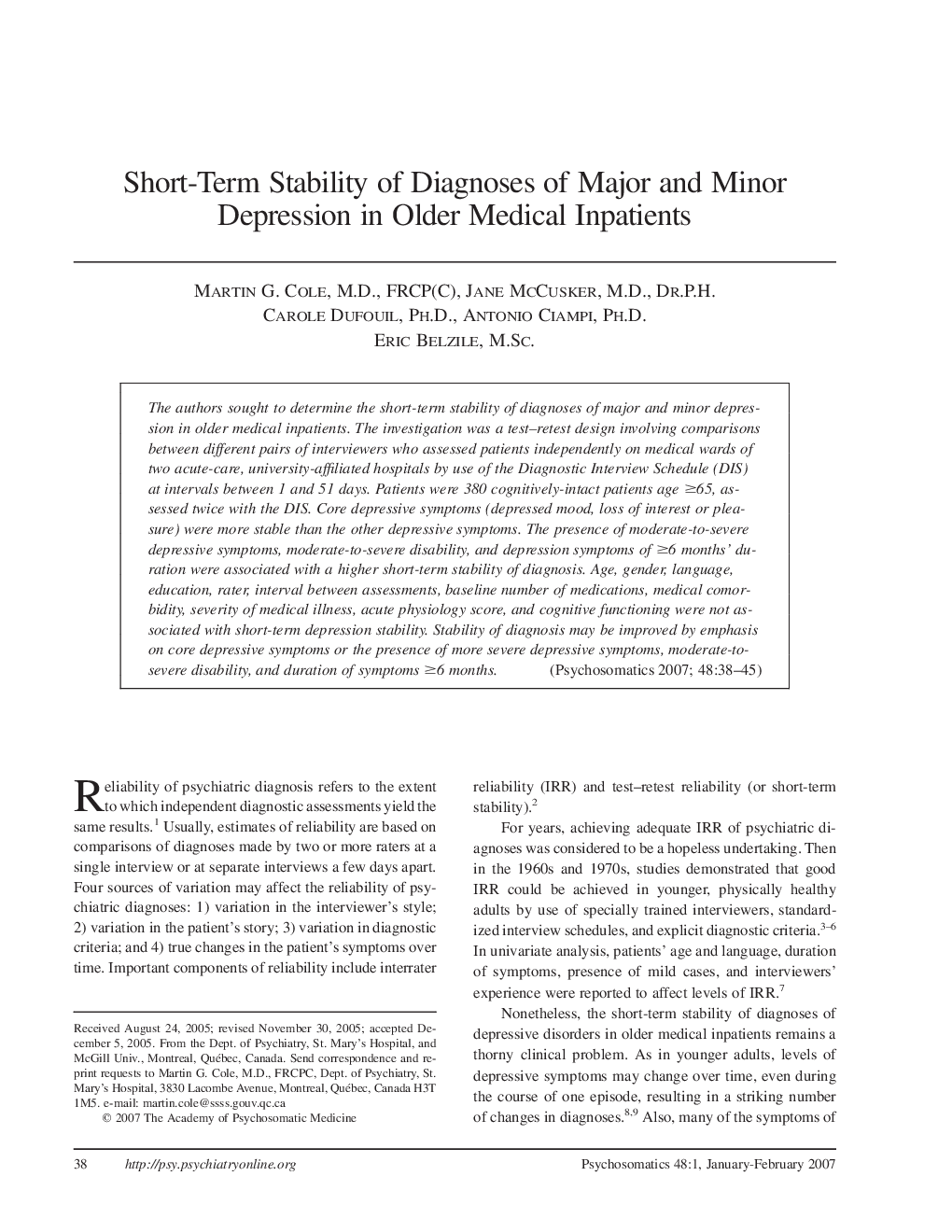 Short-Term Stability of Diagnoses of Major and Minor Depression in Older Medical Inpatients