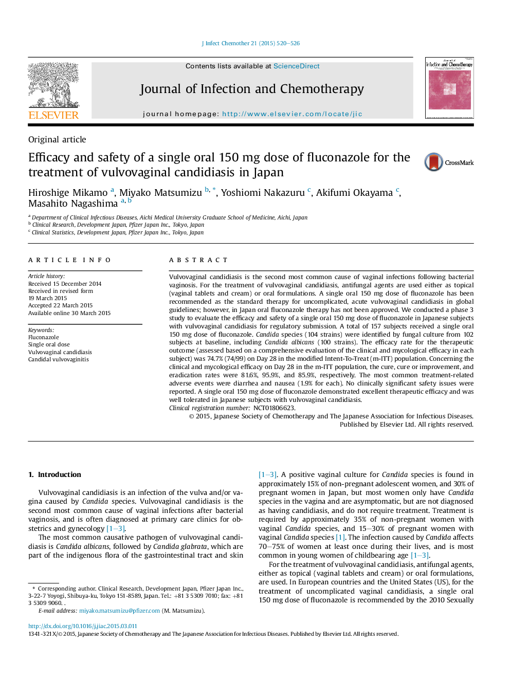 Efficacy and safety of a single oral 150 mg dose of fluconazole for the treatment of vulvovaginal candidiasis in Japan