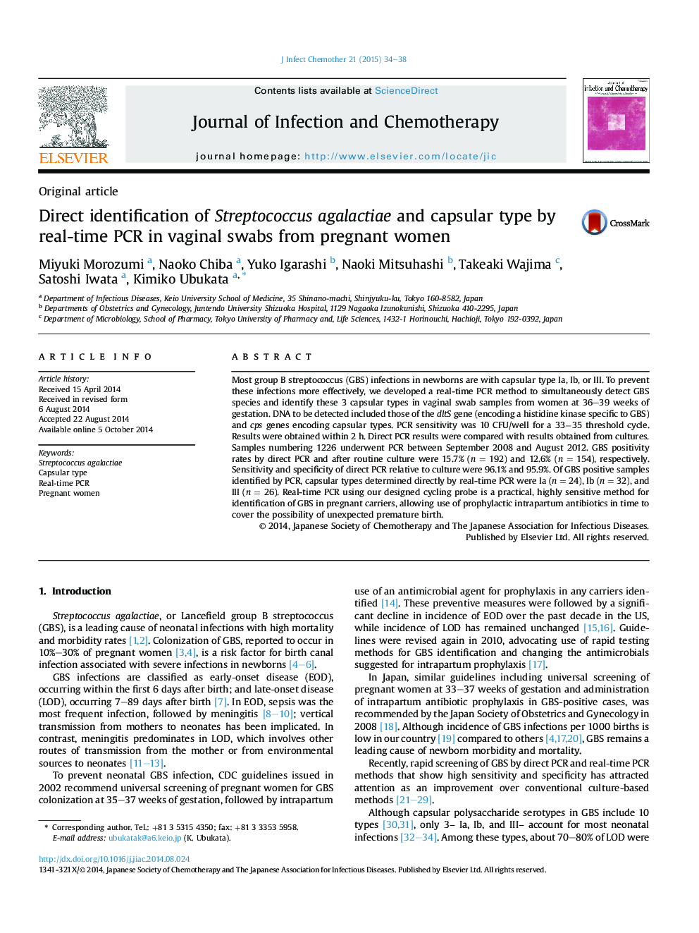 Direct identification of Streptococcus agalactiae and capsular type by real-time PCR in vaginal swabs from pregnant women