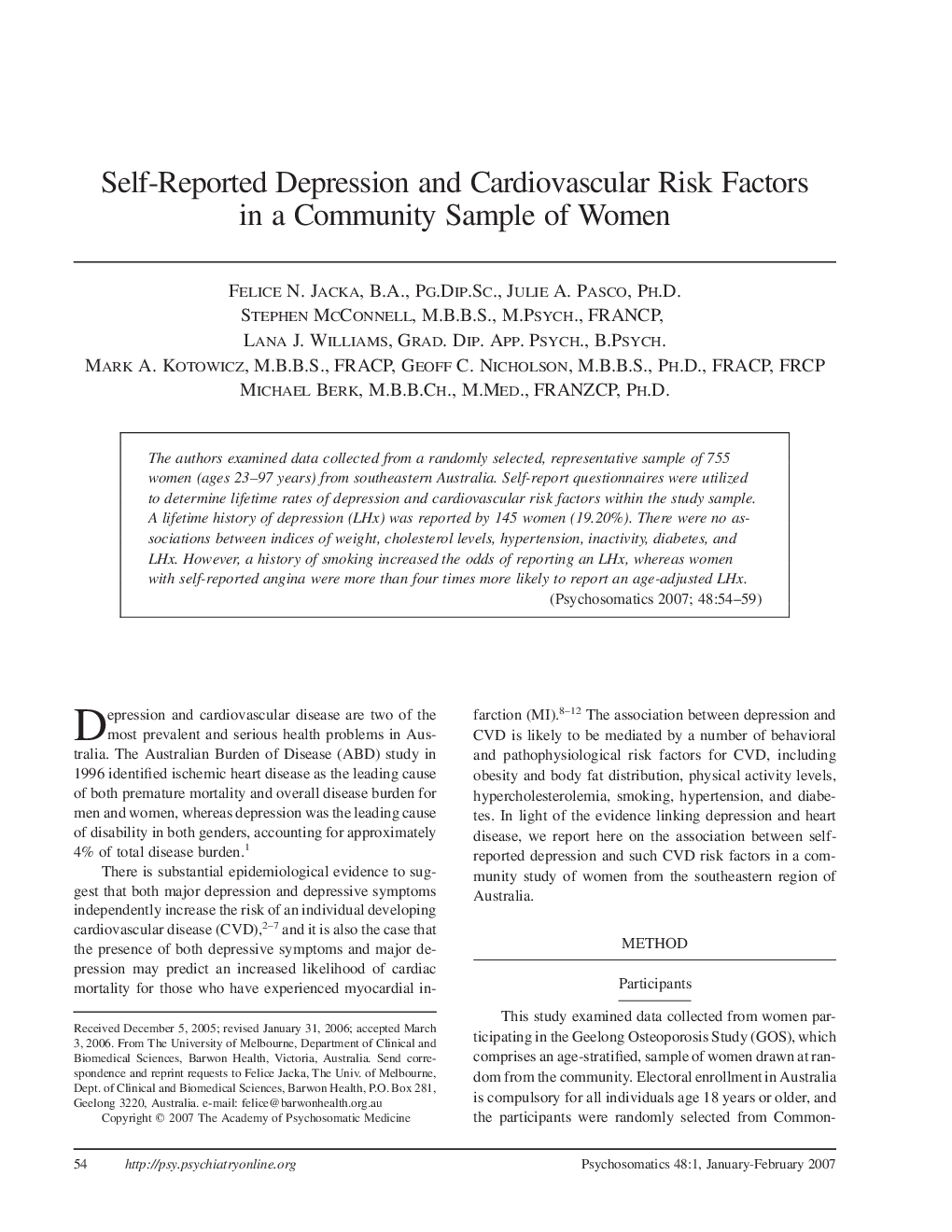 Self-Reported Depression and Cardiovascular Risk Factors in a Community Sample of Women