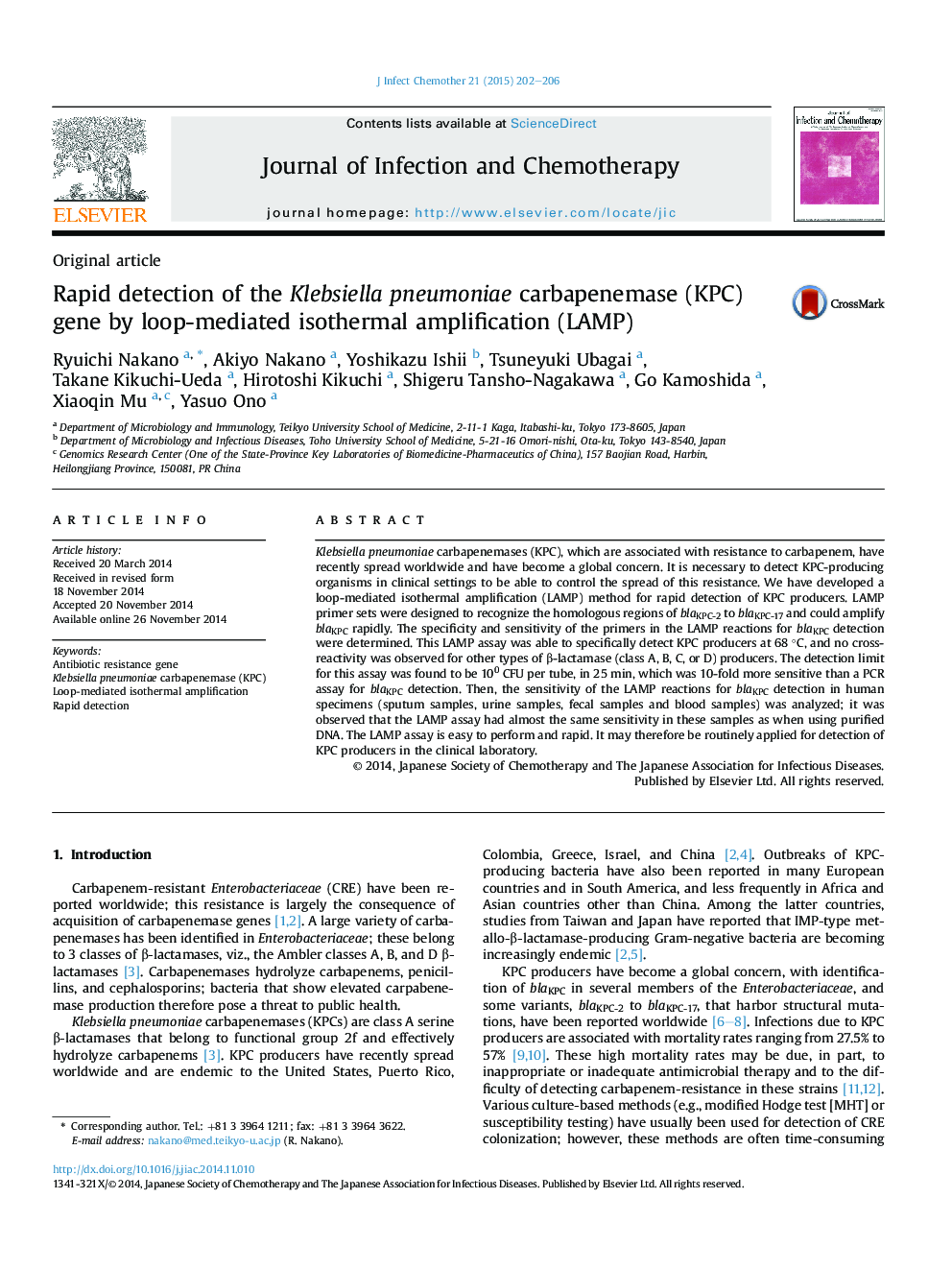 Rapid detection of the Klebsiella pneumoniae carbapenemase (KPC) gene by loop-mediated isothermal amplification (LAMP)