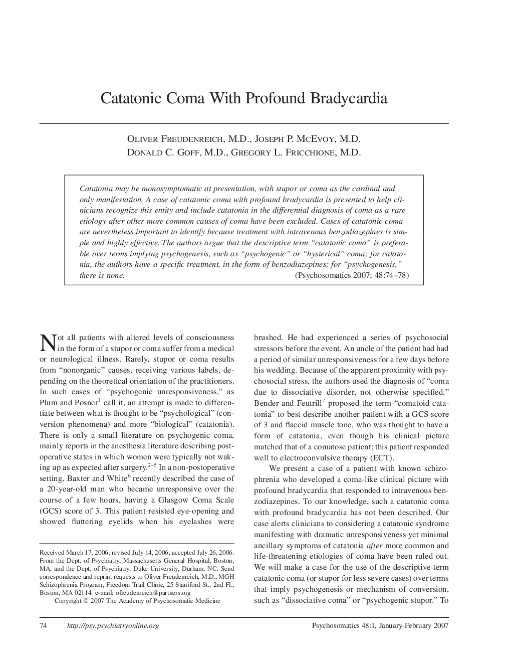 Catatonic Coma With Profound Bradycardia