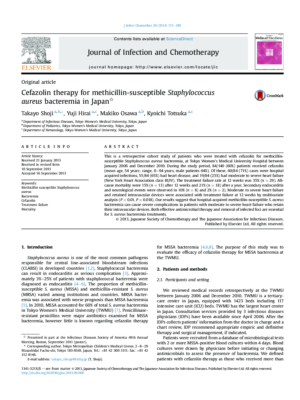 Cefazolin therapy for methicillin-susceptible Staphylococcus aureus bacteremia in Japan 