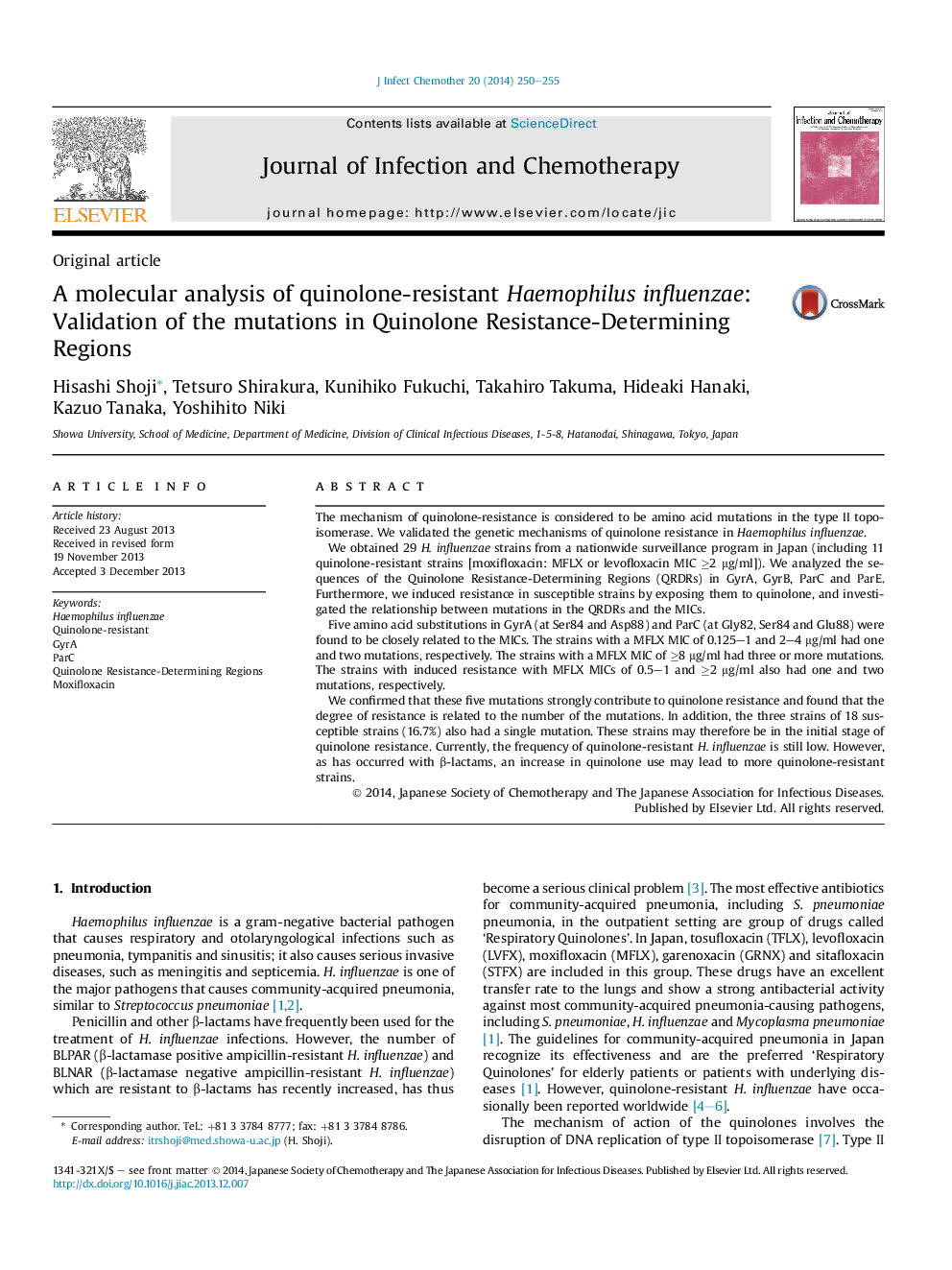 A molecular analysis of quinolone-resistant Haemophilus influenzae: Validation of the mutations in Quinolone Resistance-Determining Regions