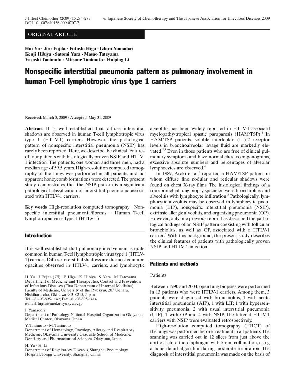 Nonspecific interstitial pneumonia pattern as pulmonary involvement in human T-cell lymphotropic virus type 1 carriers