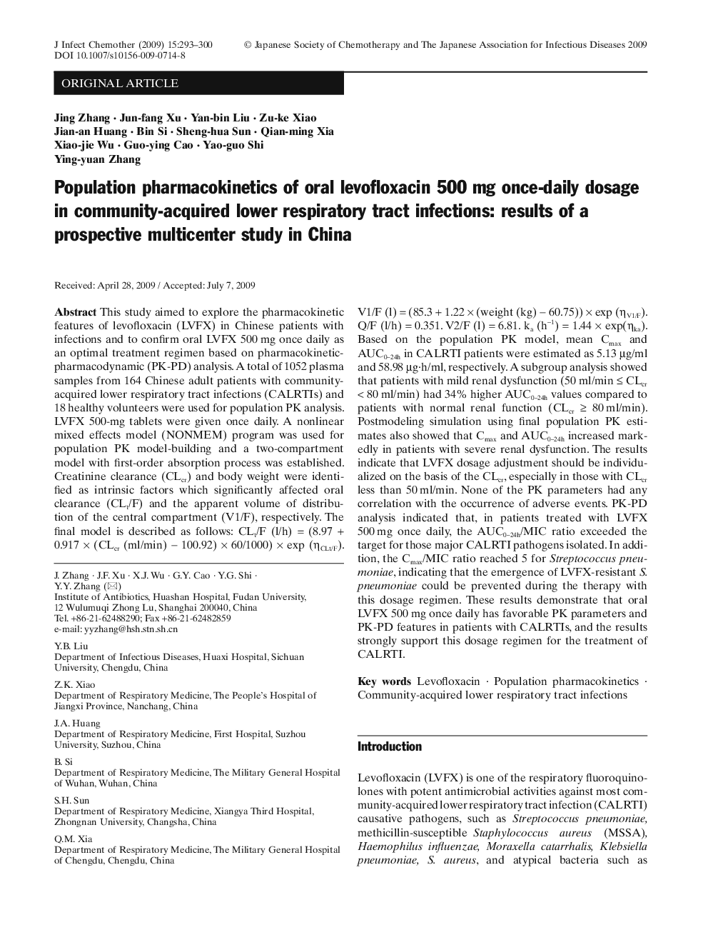 Population pharmacokinetics of oral levofloxacin 500 mg once-daily dosage in community-acquired lower respiratory tract infections: results of a prospective multicenter study in China