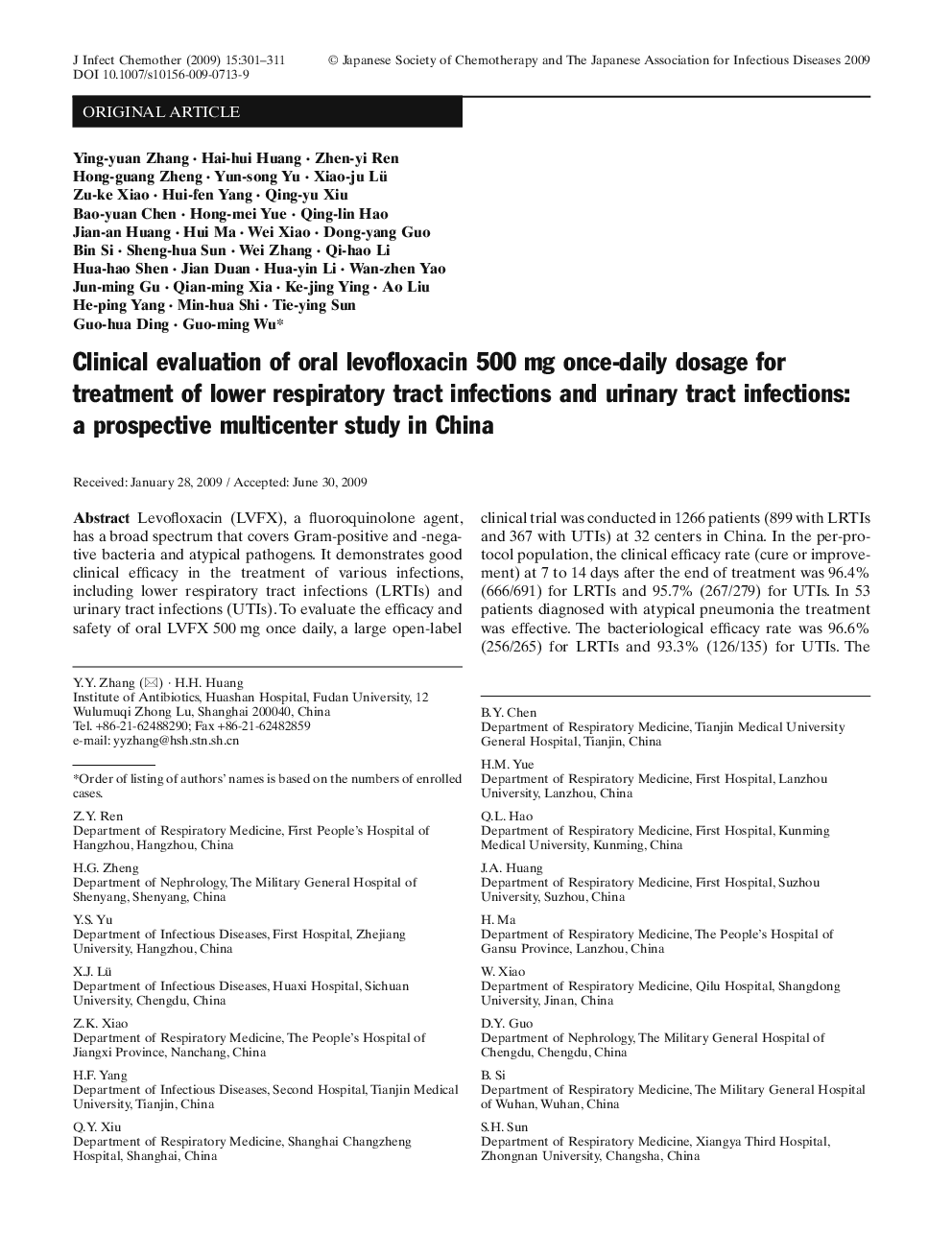 Clinical evaluation of oral levofloxacin 500 mg once-daily dosage for treatment of lower respiratory tract infections and urinary tract infections: a prospective multicenter study in China