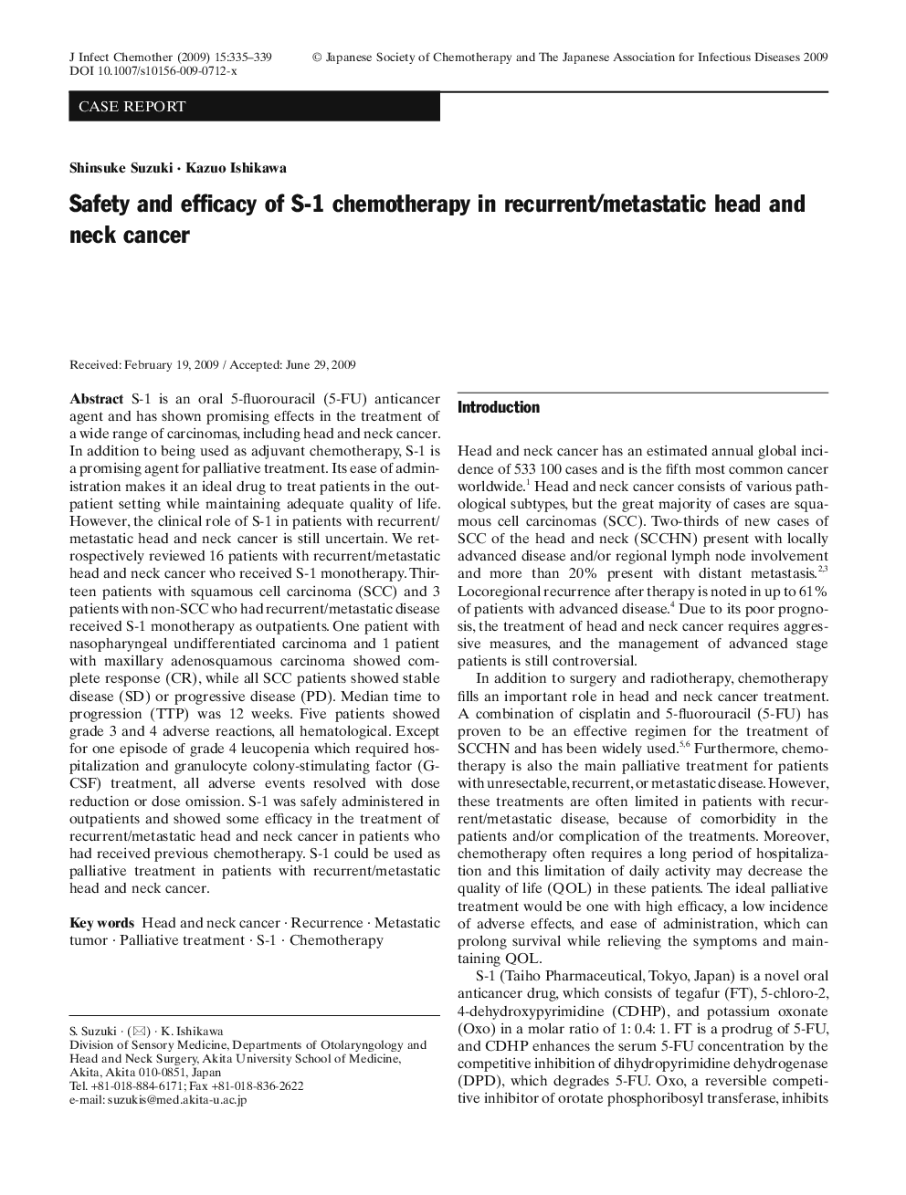 Safety and efficacy of S-1 chemotherapy in recurrent/metastatic head and neck cancer