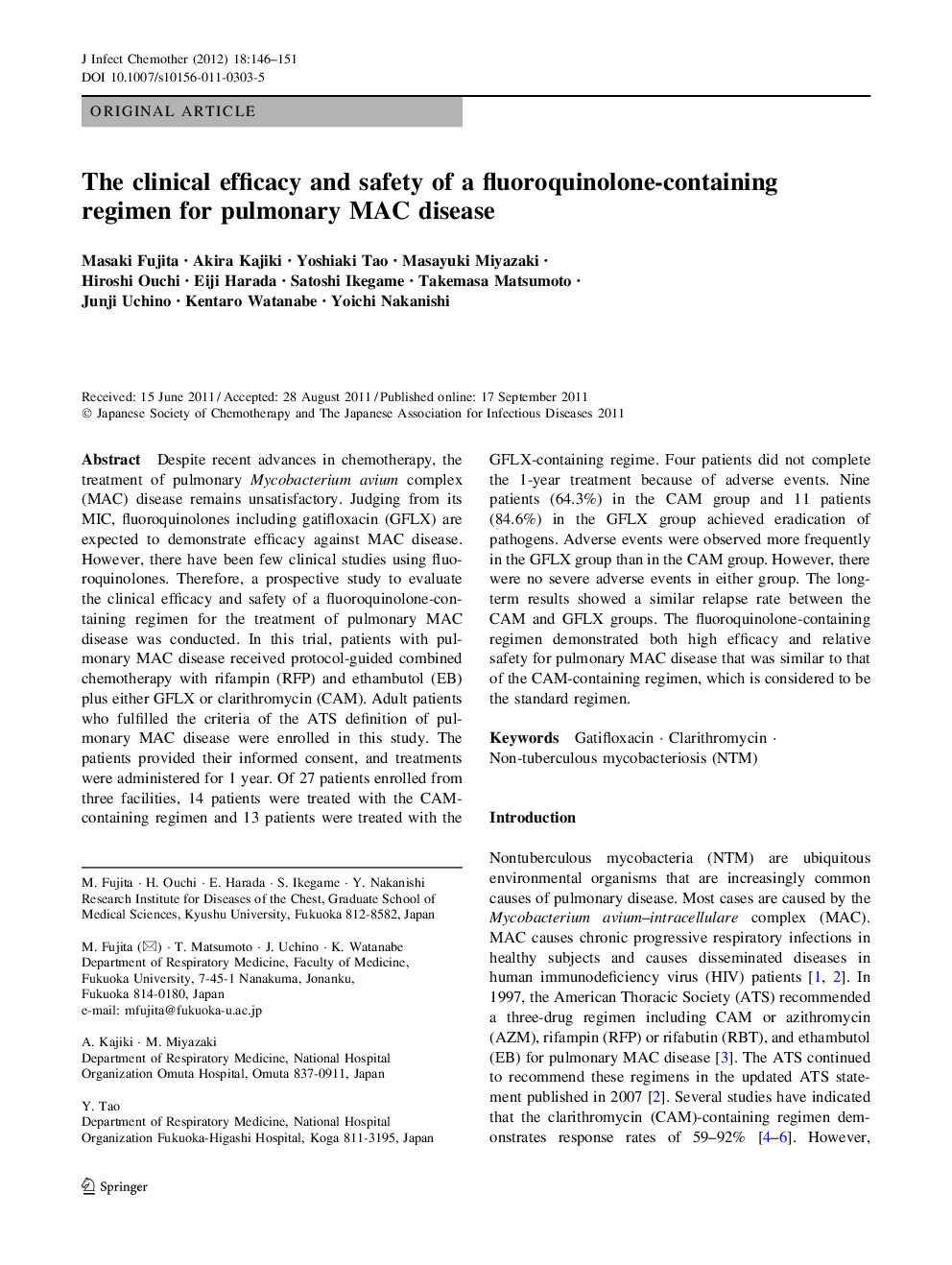 The clinical efficacy and safety of a fluoroquinolone-containing regimen for pulmonary MAC disease