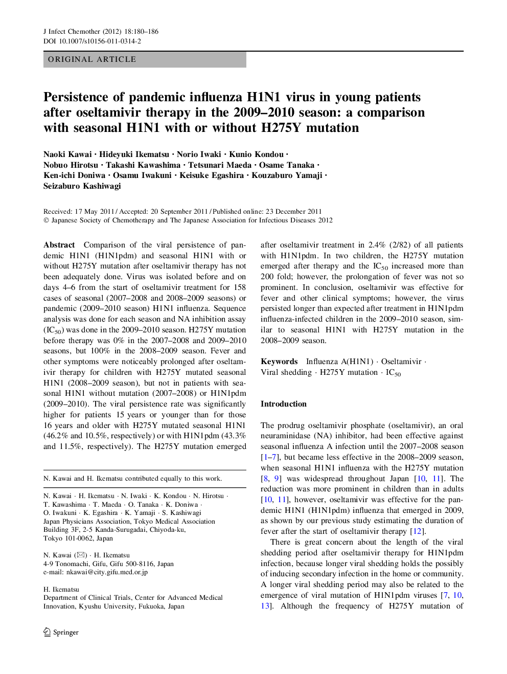 Persistence of pandemic influenza H1N1 virus in young patients after oseltamivir therapy in the 2009–2010 season: a comparison with seasonal H1N1 with or without H275Y mutation