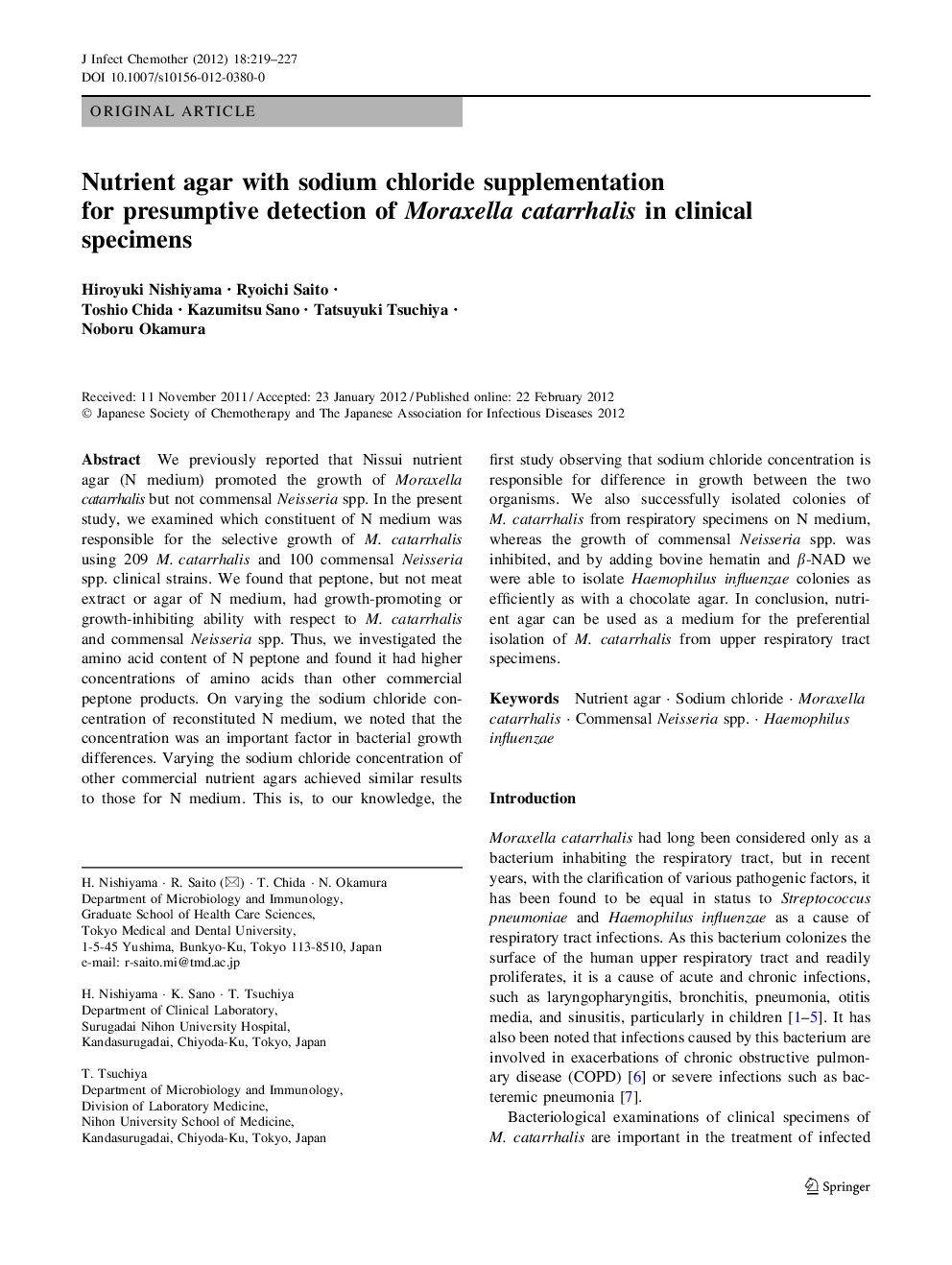 Nutrient agar with sodium chloride supplementation for presumptive detection of Moraxella catarrhalis in clinical specimens