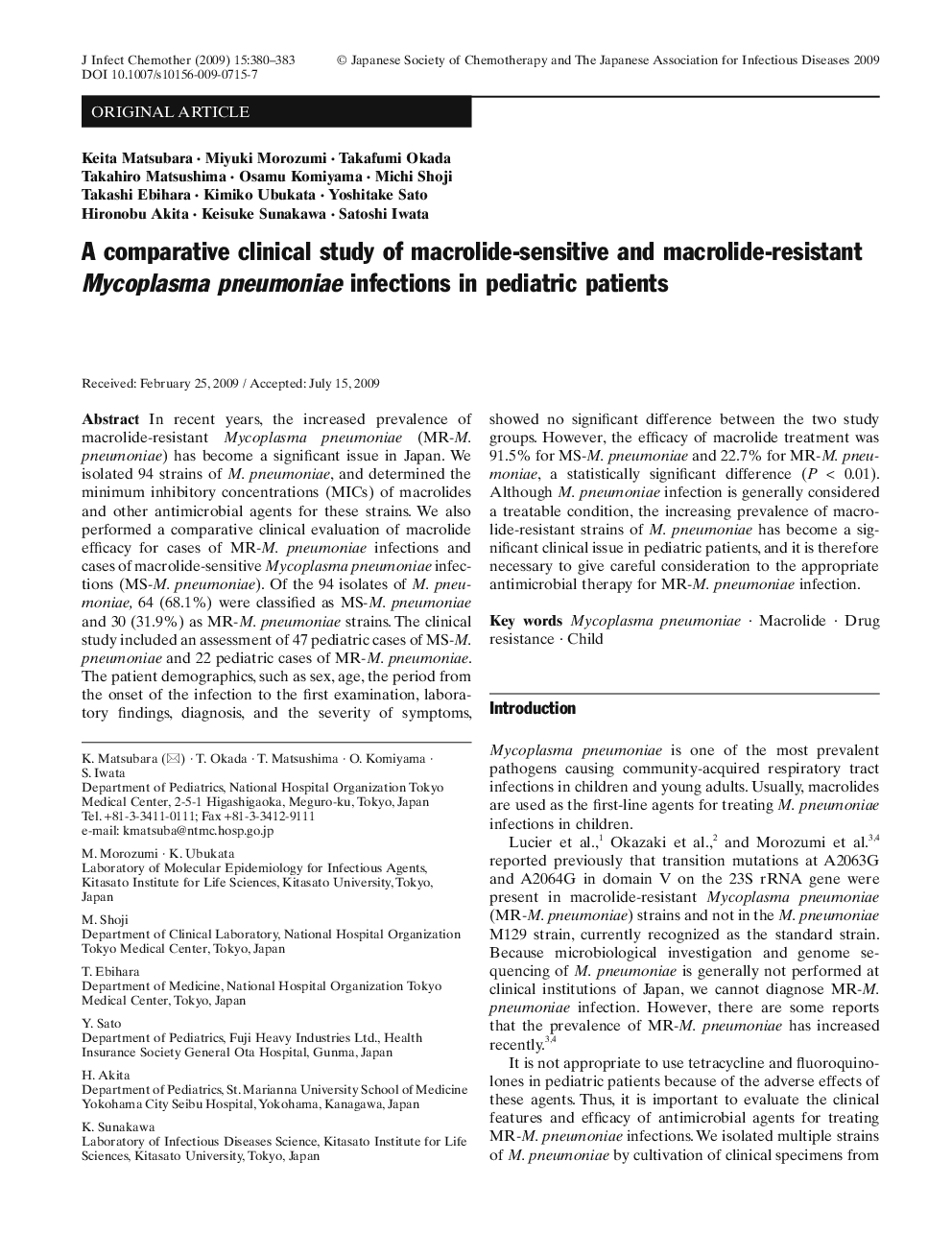 A comparative clinical study of macrolide-sensitive and macrolide-resistant Mycoplasma pneumoniae infections in pediatric patients