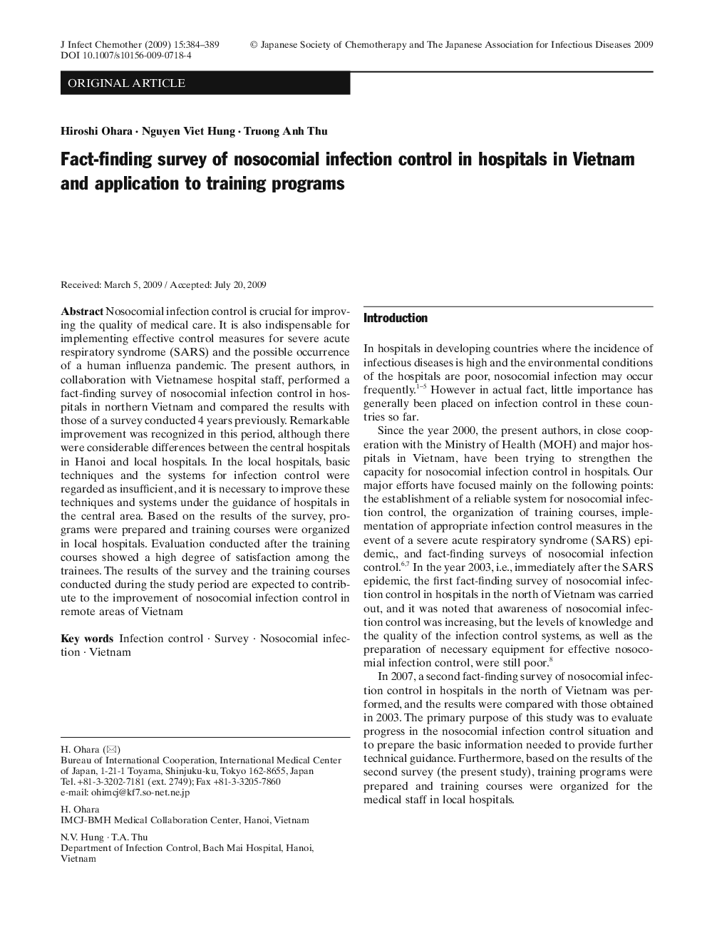 Fact-finding survey of nosocomial infection control in hospitals in Vietnam and application to training programs