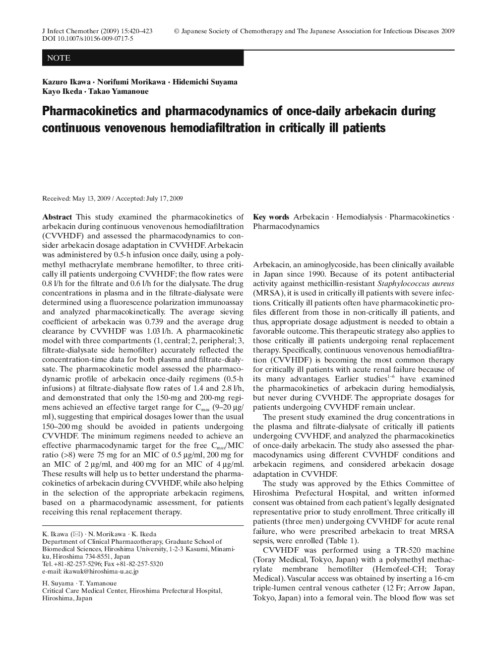 Pharmacokinetics and pharmacodynamics of once-daily arbekacin during continuous venovenous hemodiafiltration in critically ill patients
