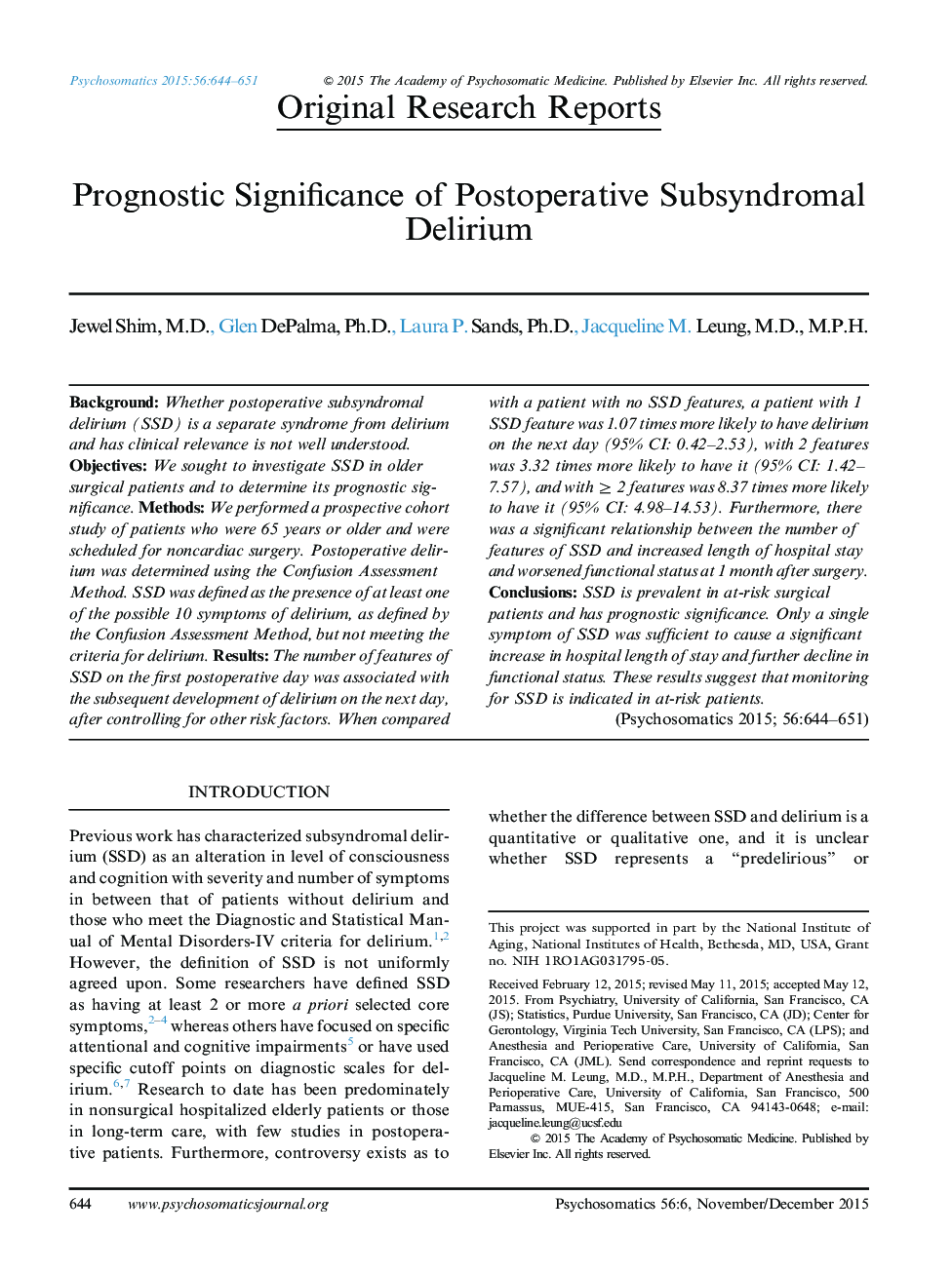 Prognostic Significance of Postoperative Subsyndromal Delirium 