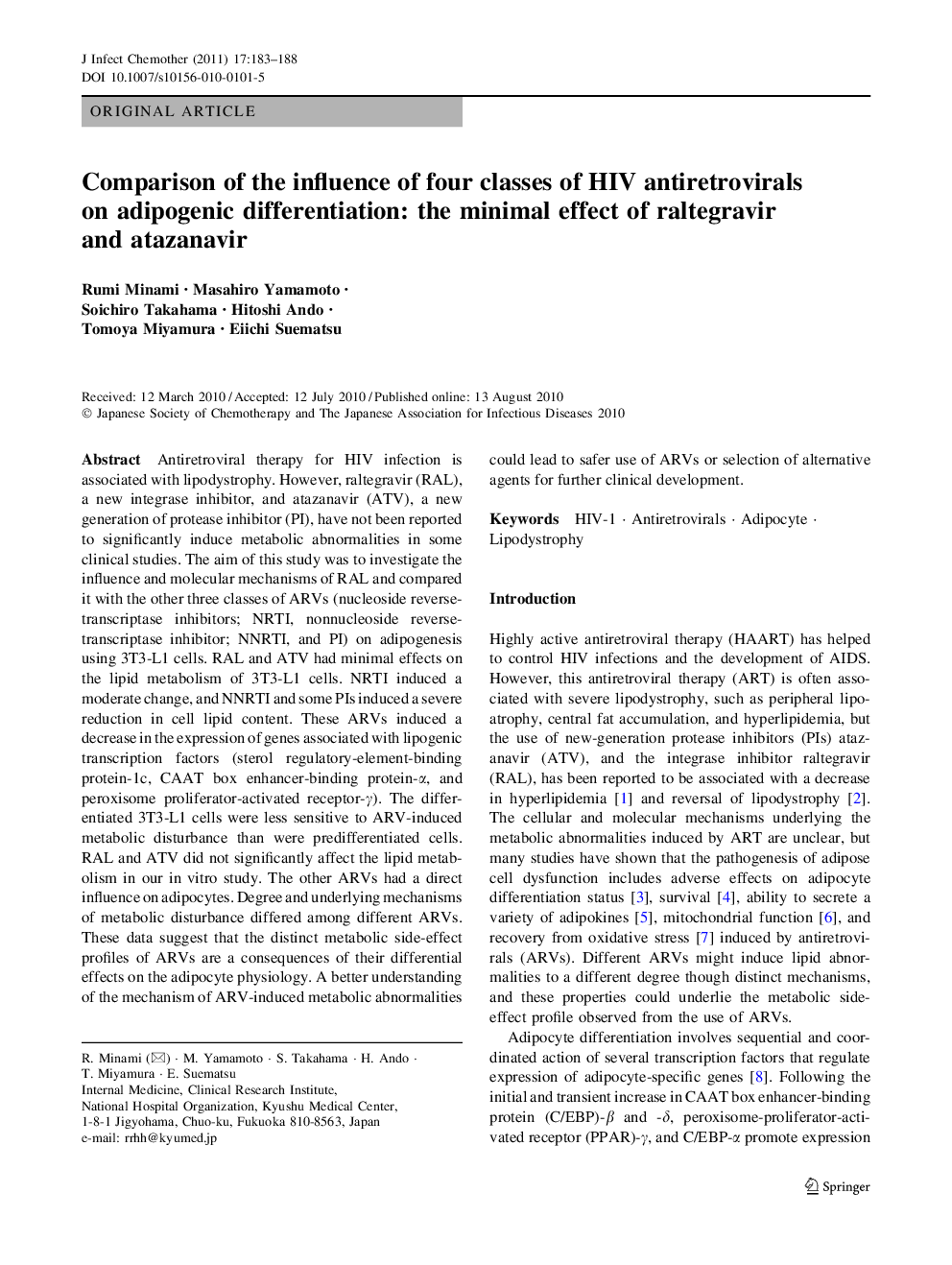Comparison of the influence of four classes of HIV antiretrovirals on adipogenic differentiation: the minimal effect of raltegravir and atazanavir