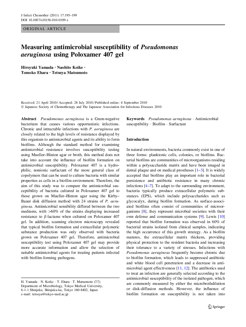 Measuring antimicrobial susceptibility of Pseudomonas aeruginosa using Poloxamer 407 gel