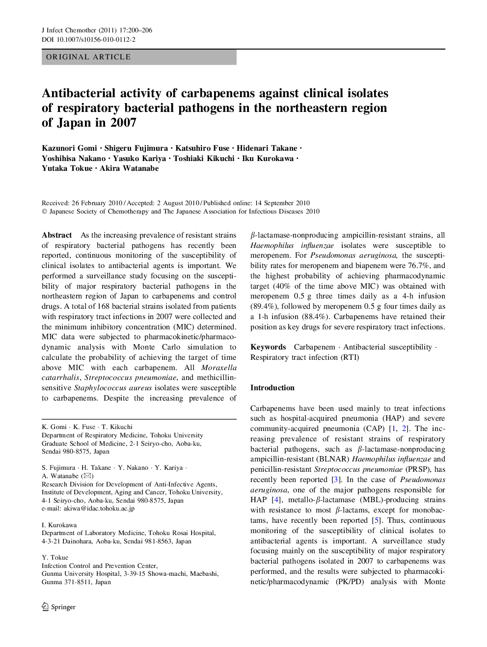 Antibacterial activity of carbapenems against clinical isolates of respiratory bacterial pathogens in the northeastern region of Japan in 2007