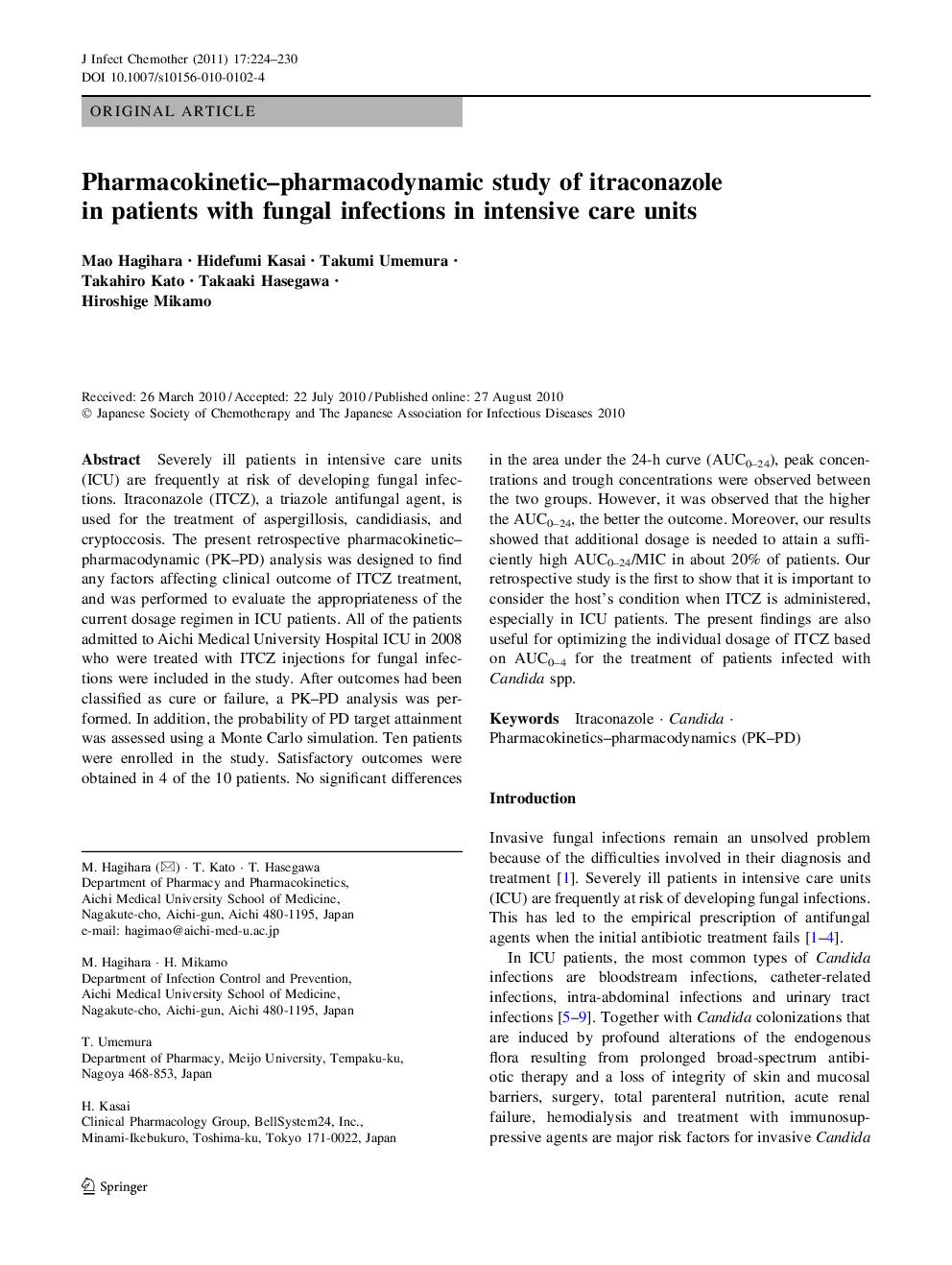 Pharmacokinetic–pharmacodynamic study of itraconazole in patients with fungal infections in intensive care units