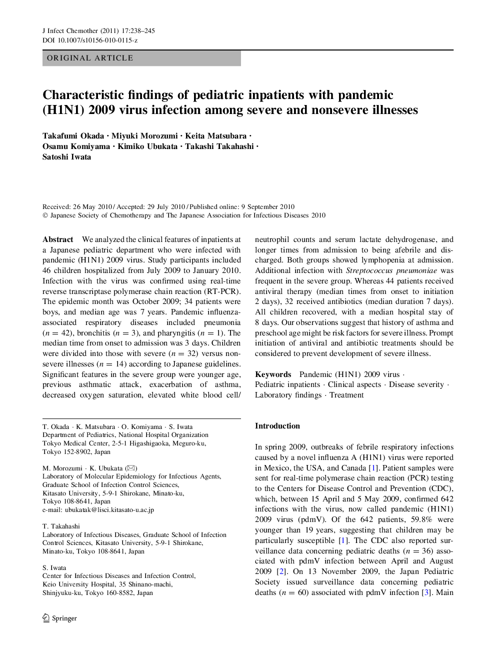 Characteristic findings of pediatric inpatients with pandemic (H1N1) 2009 virus infection among severe and nonsevere illnesses