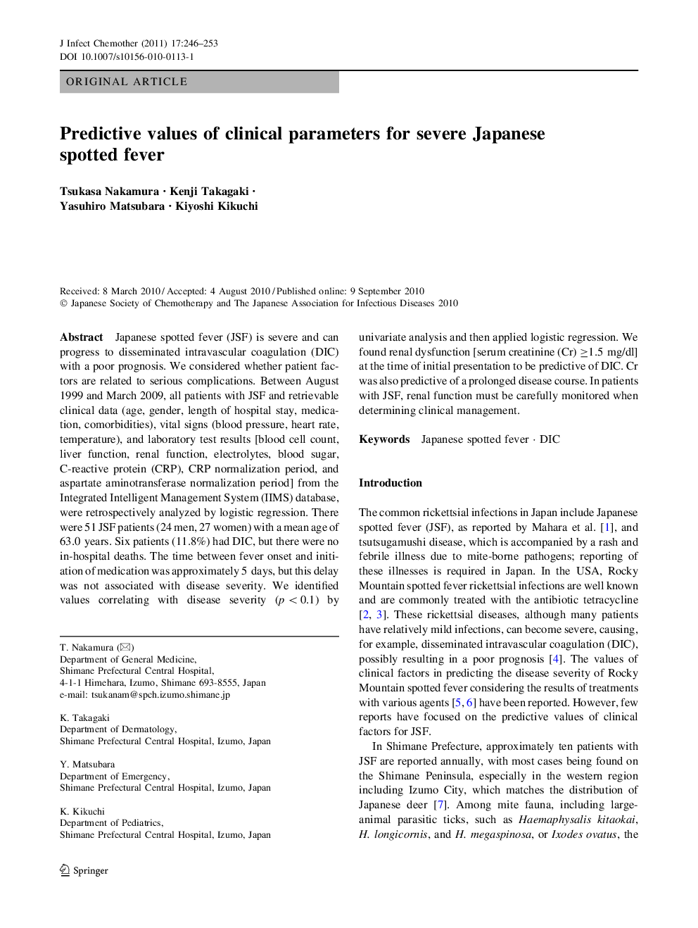 Predictive values of clinical parameters for severe Japanese spotted fever