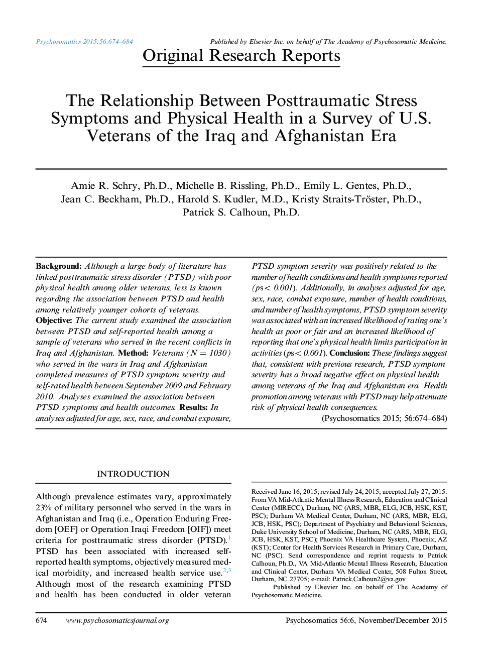 The Relationship Between Posttraumatic Stress Symptoms and Physical Health in a Survey of U.S. Veterans of the Iraq and Afghanistan Era