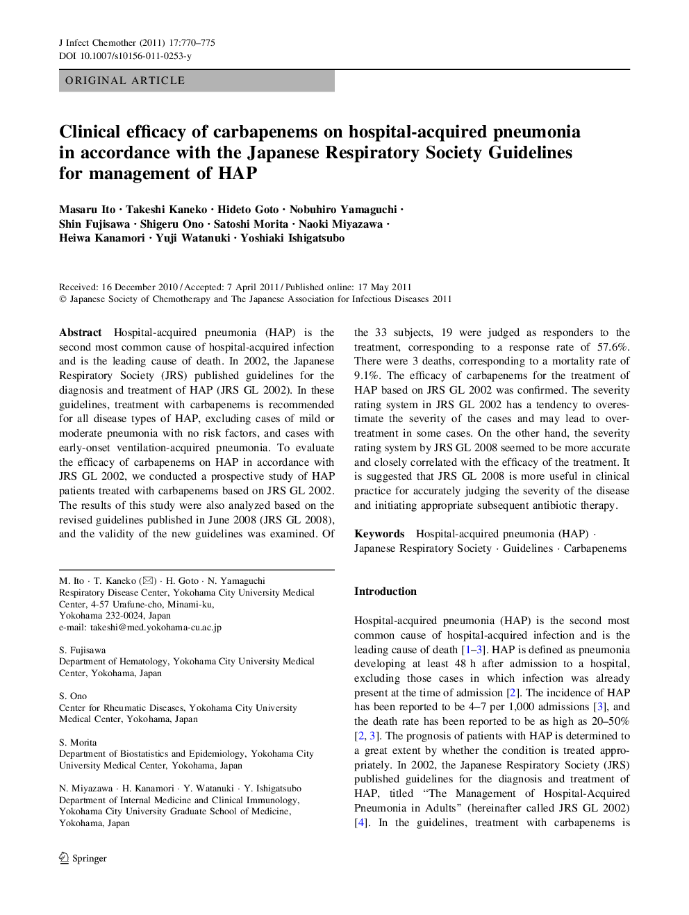 Clinical efficacy of carbapenems on hospital-acquired pneumonia in accordance with the Japanese Respiratory Society Guidelines for management of HAP