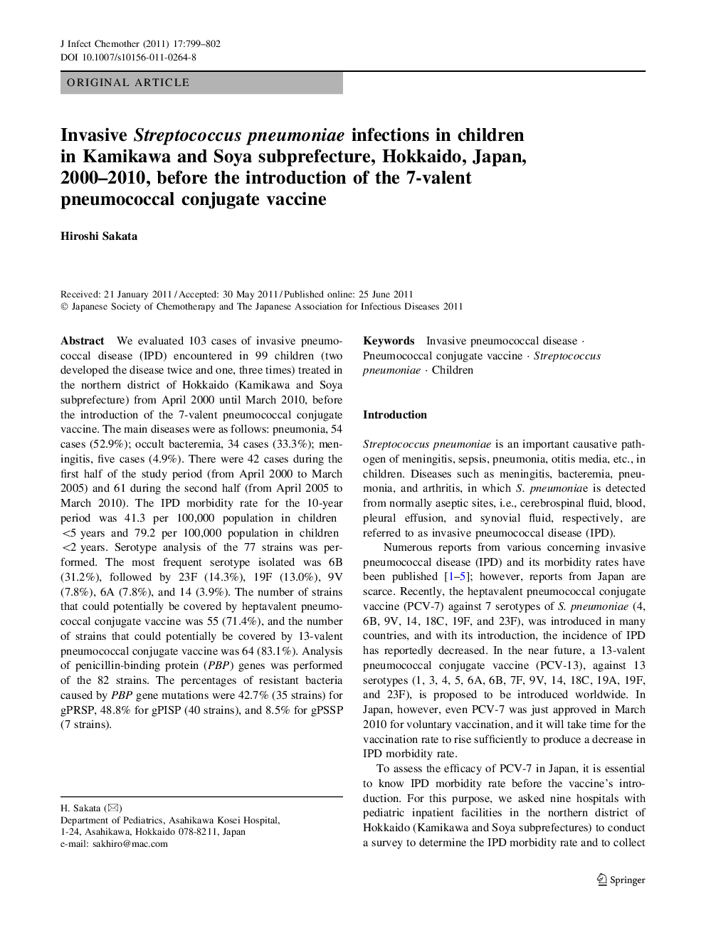 Invasive Streptococcus pneumoniae infections in children in Kamikawa and Soya subprefecture, Hokkaido, Japan, 2000–2010, before the introduction of the 7-valent pneumococcal conjugate vaccine