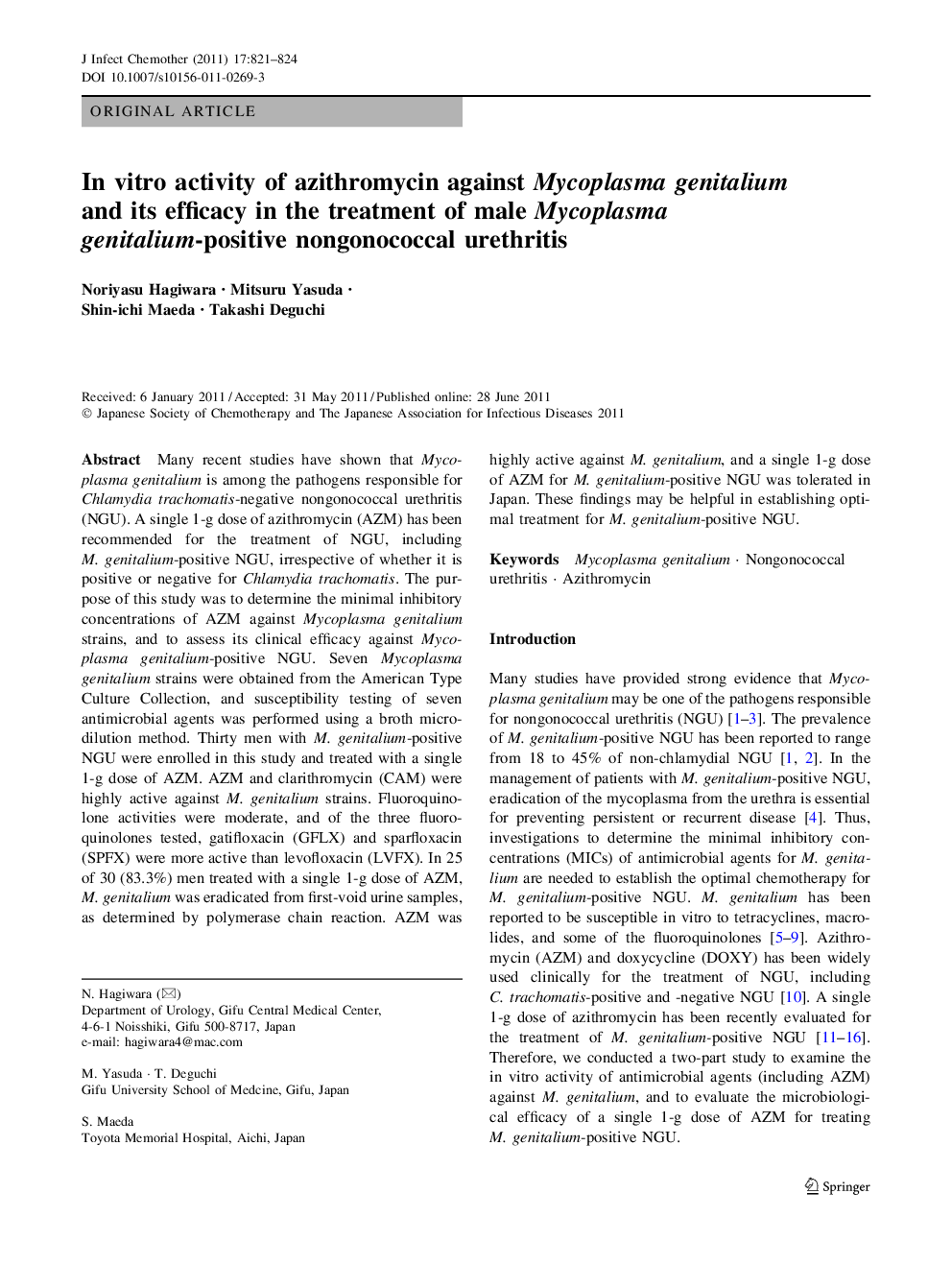In vitro activity of azithromycin against Mycoplasma genitalium and its efficacy in the treatment of male Mycoplasma genitalium-positive nongonococcal urethritis