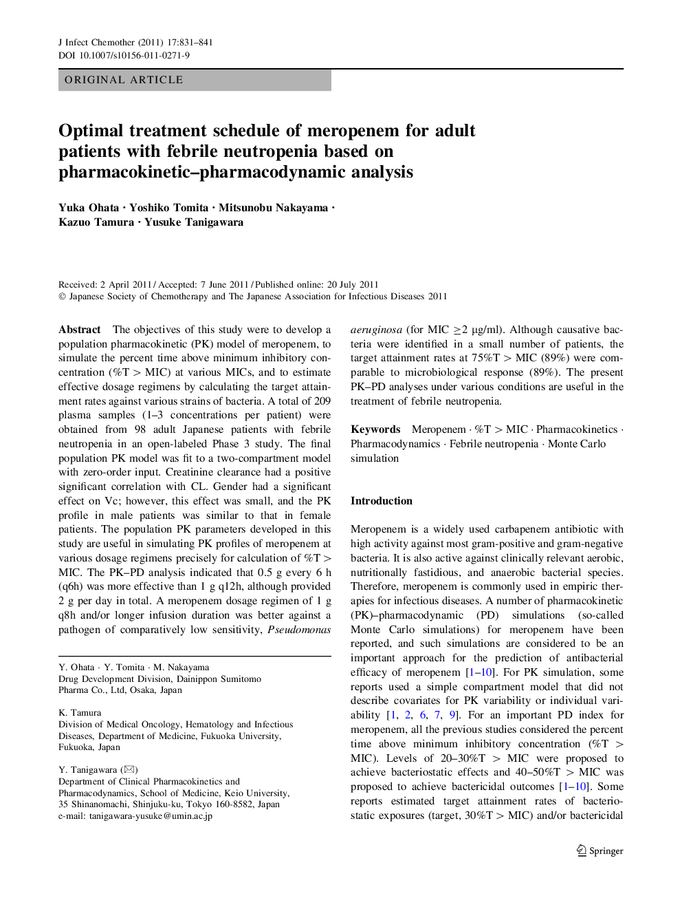 Optimal treatment schedule of meropenem for adult patients with febrile neutropenia based on pharmacokinetic–pharmacodynamic analysis