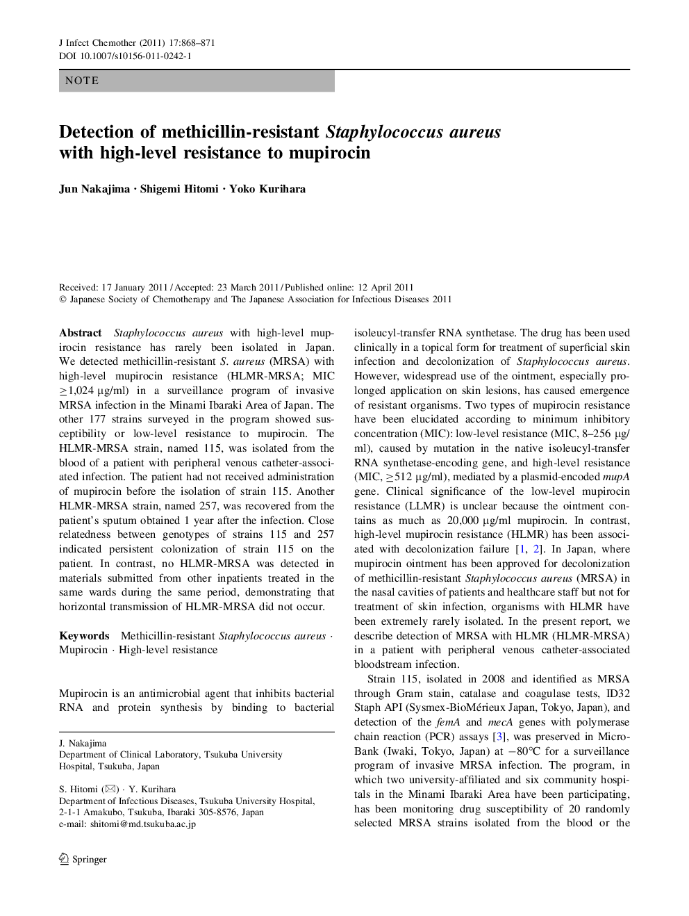 Detection of methicillin-resistant Staphylococcus aureus with high-level resistance to mupirocin